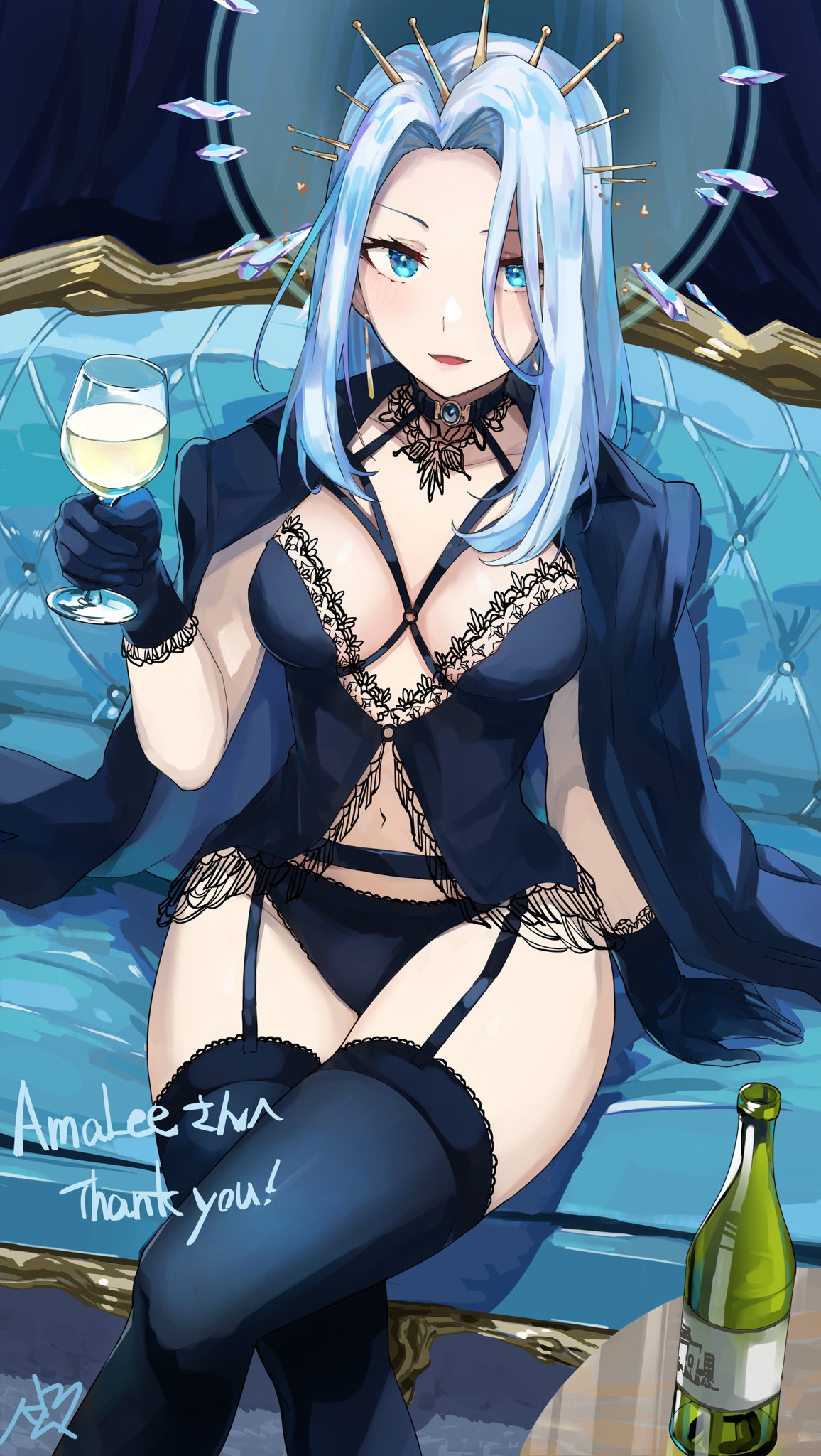 1girls amalee blue_eyes blue_hair blue_panties blue_stockings bottle breasts crossed_legs crossed_legs_(sitting) crown female female_only gloves holding_object indie_virtual_youtuber lingerie looking_at_viewer monarch_(amalee) solo_female stockings underwear virtual_youtuber vshojo