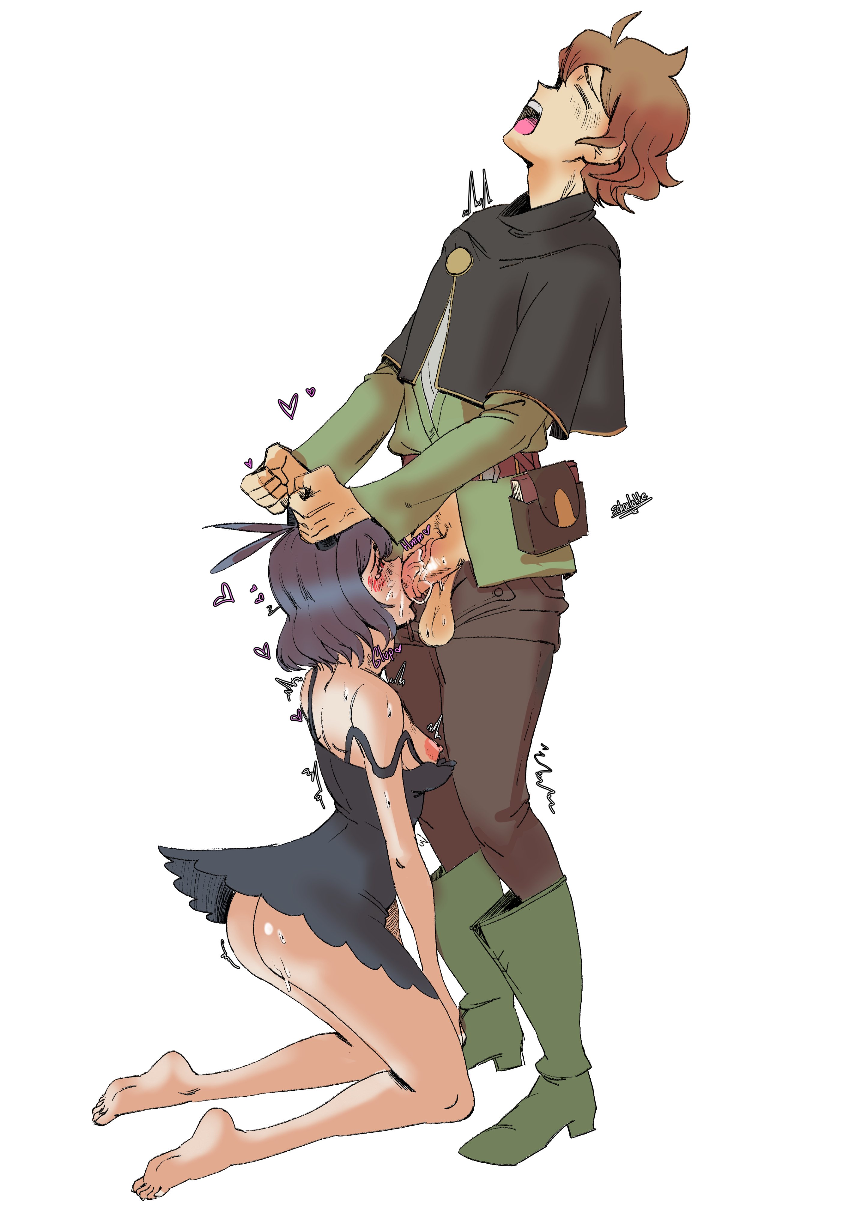 1girls, black bulls uniform, black clover, blowjob, blush, breasts, breasts outside, clothed female, drool string, drooling, embarrassed, fellatio, female, finral roulacase, horn grab, horns, light skin, light-skinned female, male, penis, pleasure face, pleasured, saliva, saliva drip, saliva on penis, saliva string, saliva trail, scharlottelambo, secre swallowtail, small breasts, sweat, sweatdrop, throat bulge, white background