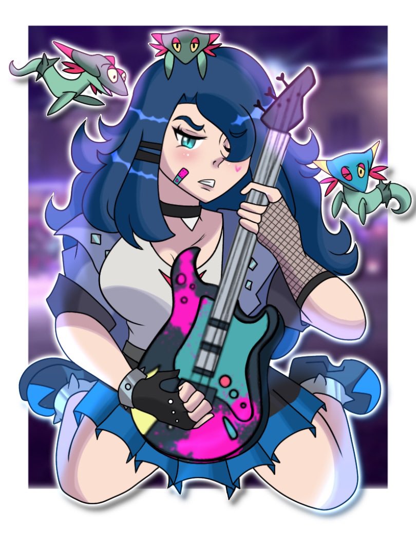 bite blue_hair goth guitar hair_over_one_eye oc piers_(pokemon) pokemon pokemon_oc pokemon_ss pose punk punk_girl sitting wink winking_at_viewer