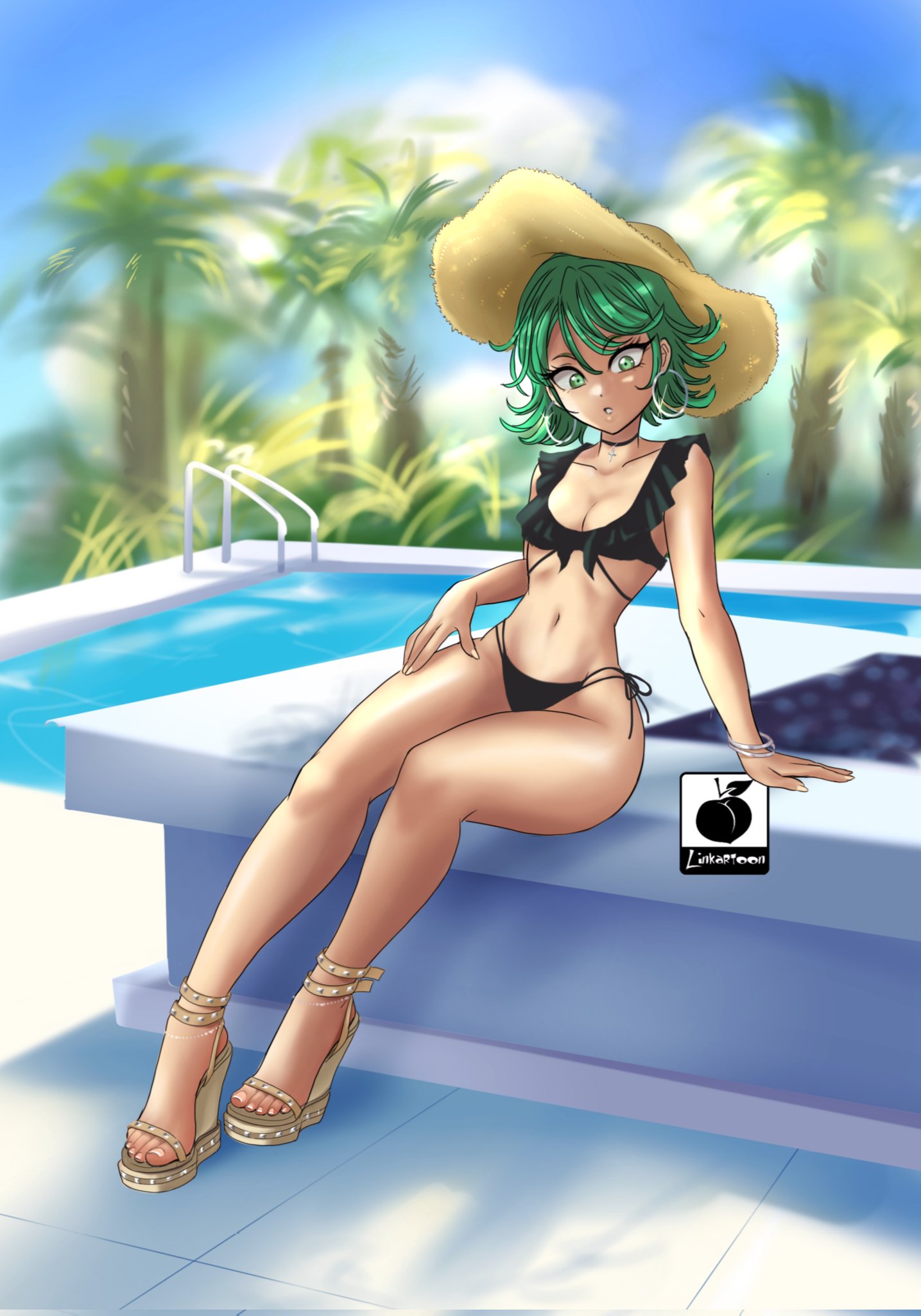 1girls artist_logo bikini black_bikini bracelet cross_necklace earrings feet green_eyes green_hair hat high_heels linkartoon necklace one-punch_man petite petite_body petite_female pool poolside solo_female tagme tatsumaki thick_thighs very_high_heels wedge_heels