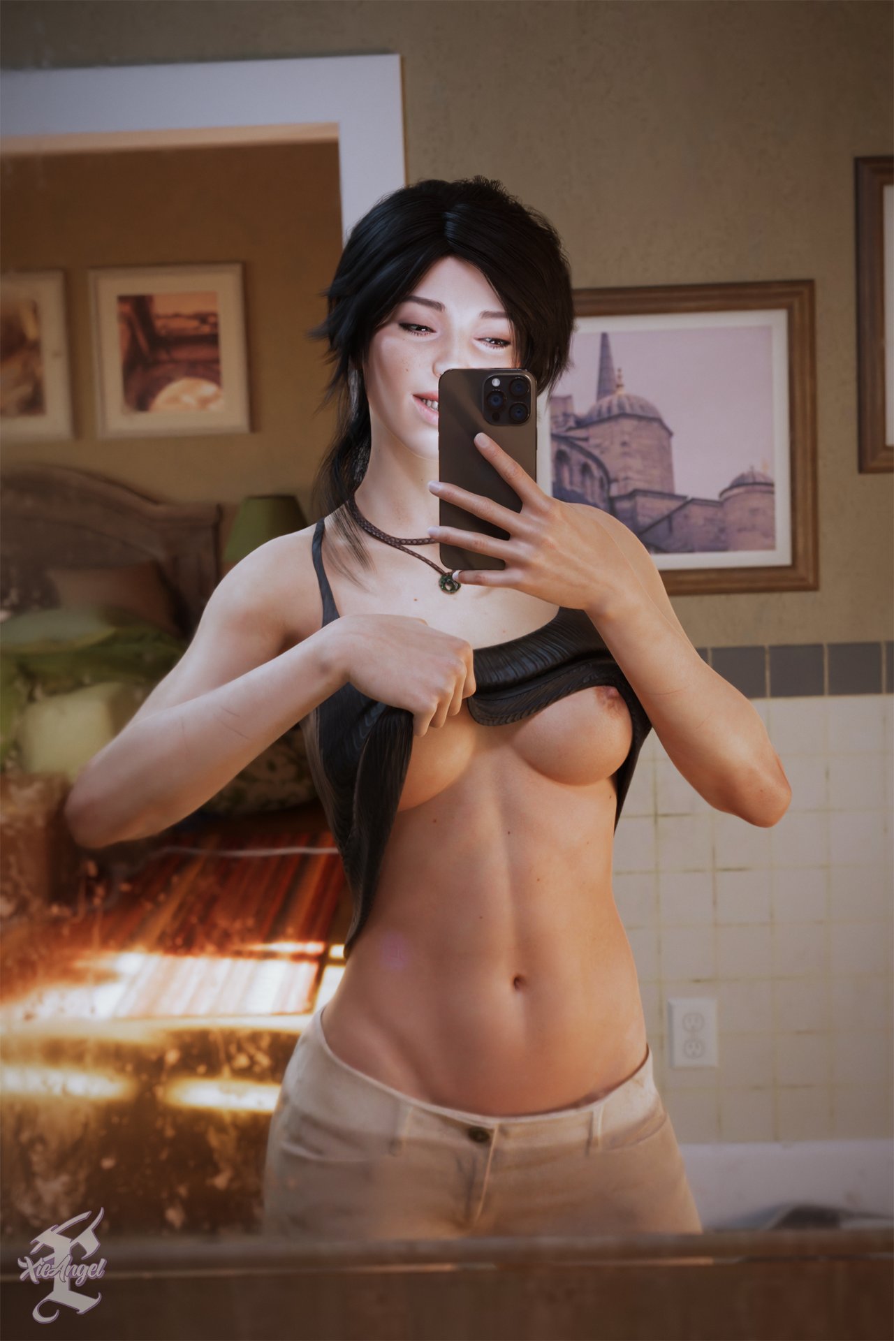 3d, abs, areolae, athletic, athletic female, big breasts, breasts, brown eyes, brown hair, busty, female, female focus, female only, flashing, flashing breasts, hourglass figure, lara croft, lara croft (survivor), long hair, muscular, muscular female, navel, nipples, ponytail, pose, posing, selfie, standing, tagme, tank top, tank top lift, tomb raider, tomb raider (survivor), wide hips, xieangel