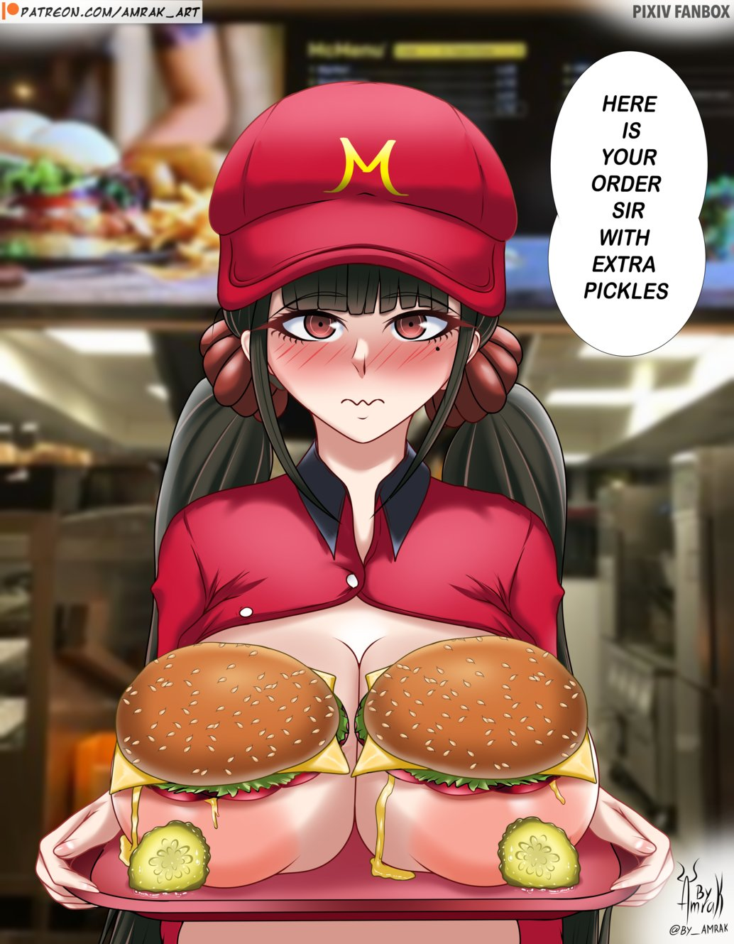 1girls amrak areola_slip big_breasts blush boob_burger breasts_out breasts_out_of_clothes burger cap danganronpa danganronpa_v3 fast_food fast_food_uniform female food hamburger harukawa_maki large_breasts looking_at_viewer no_bra open_clothing smooth_skin solo_female uniform working your_order_is_ready_(meme)