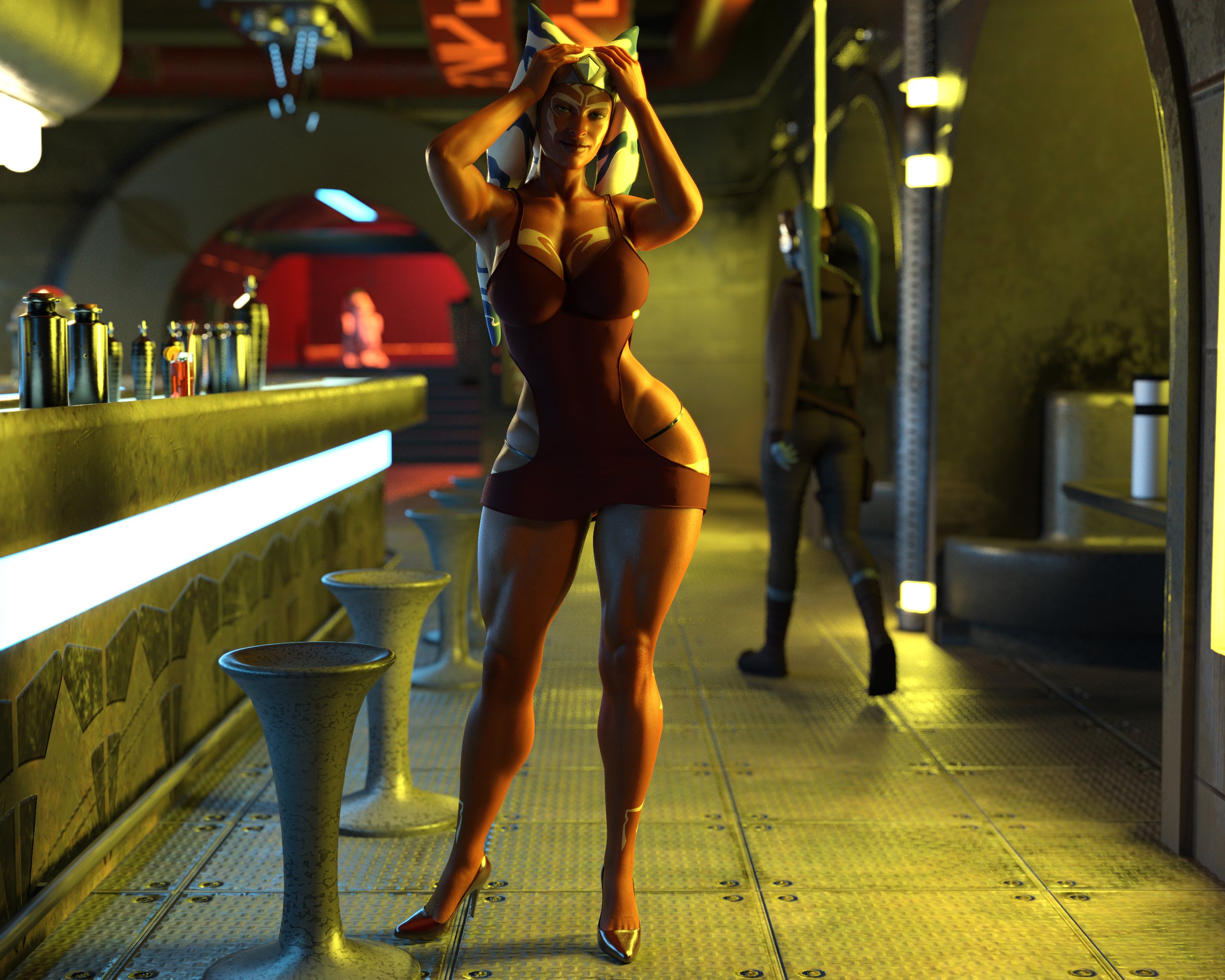 2girls, 3d, 3d (artwork), ahsoka tano, armpits, cleavage, dress, drinkerofskies, female, female focus, female only, high heels, mature, mature female, multiple females, multiple girls, orange skin, orange-skinned female, questionable, solo focus, star wars, thick thighs, togruta, twi'lek