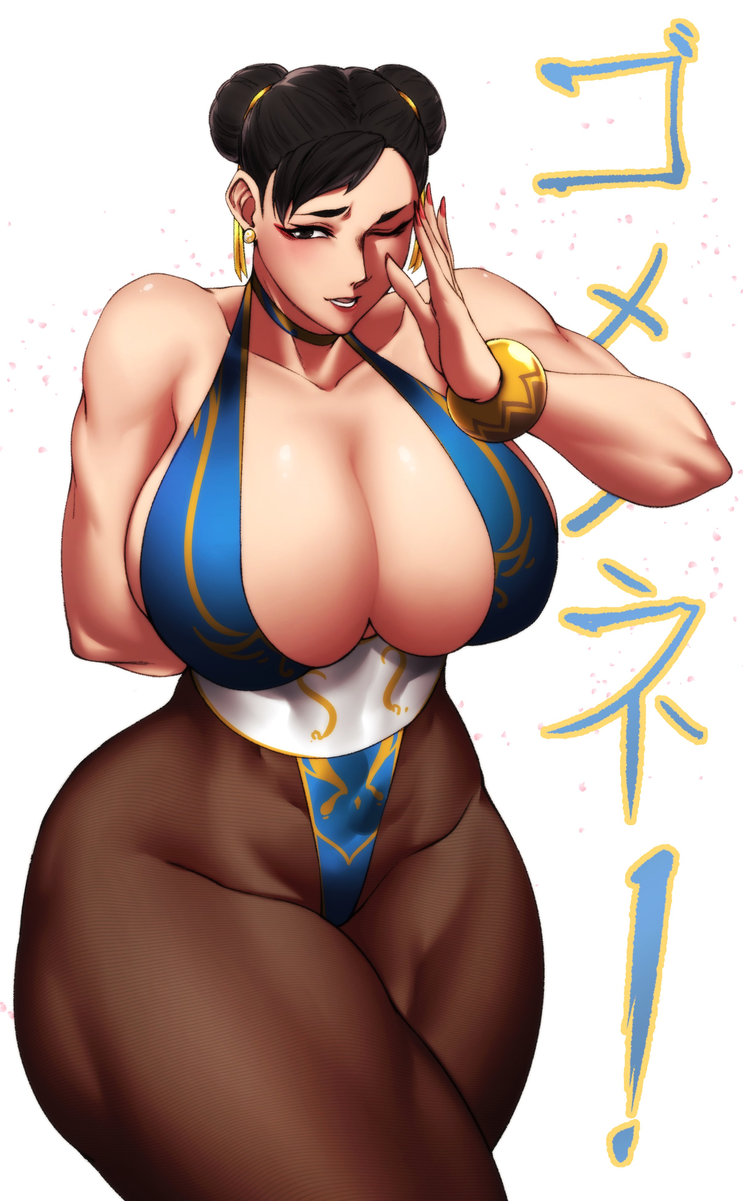 1girls, 2023, 2d, 2d (artwork), big breasts, big thighs, bikini top, black hair, blush, bracelet, breasts, capcom, child bearing hips, chun-li, cleavage, ear piercing, female, female focus, female only, hi res, highres, hips, huge breasts, large breasts, large thighs, leggings, massive breasts, mature female, milf, muscular, muscular female, muscular thighs, namakiri, nipple bulge, one eye closed, open mouth, pantyhose, short hair, simple background, solo, solo female, solo focus, street fighter, street fighter 6, thick thighs, thighs, white background, wide hips