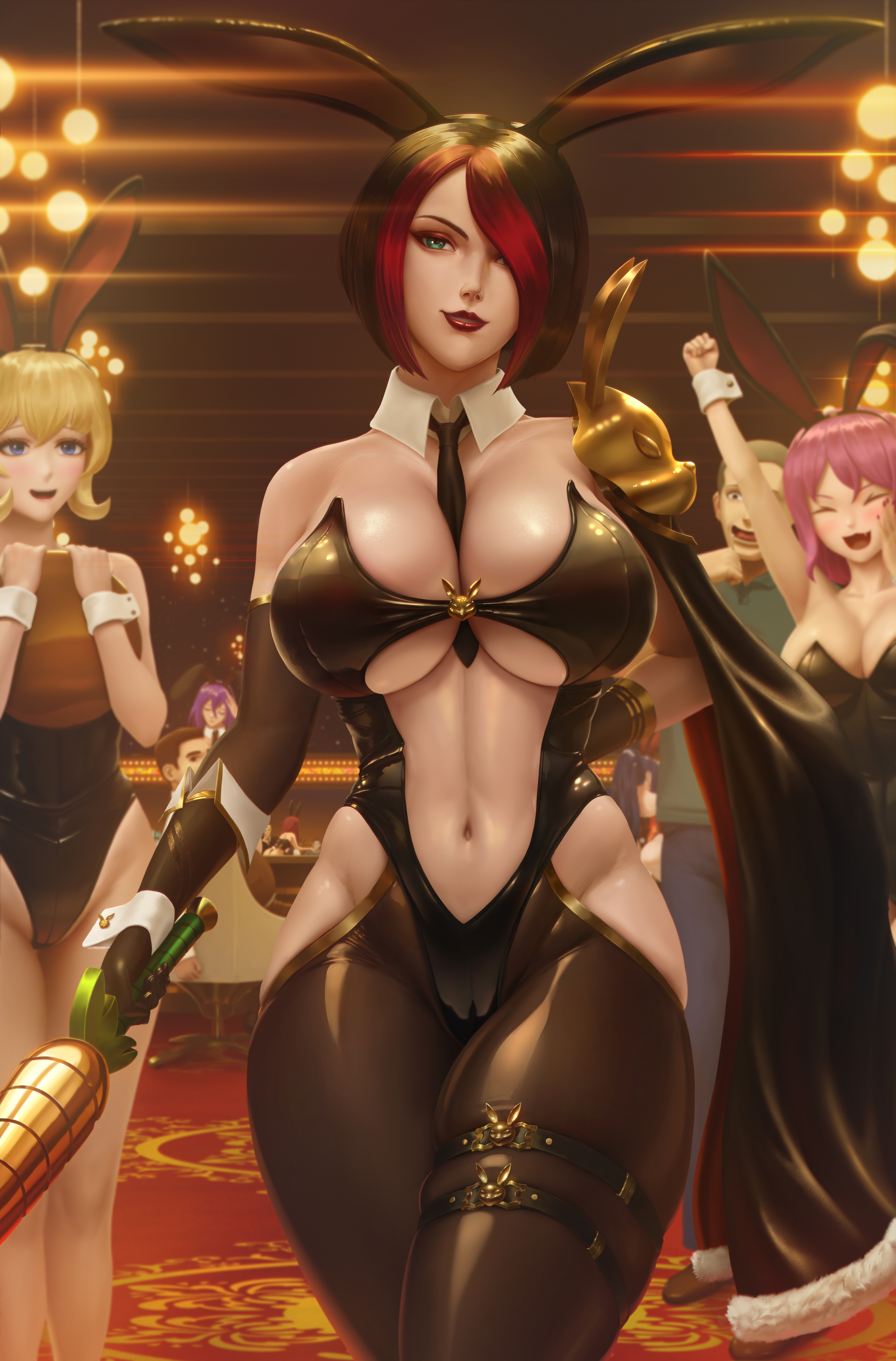 :d, 1boy, 4girls, absurd res, absurdres, animal ears, black hair, black legwear, blonde hair, blue eyes, blurry background, breasts, brown hair, bunny ears, bunnysuit, cameltoe, cleavage, closed eyes, detailed background, fake animal ears, female, fiora laurent, green eyes, hi res, high resolution, highres, holding sword, holding weapon, league of legends, limgae, looking at another, looking at viewer, male, navel, open mouth, open-mouth smile, purple hair, pussy, red hair, sword, very high resolution, weapon