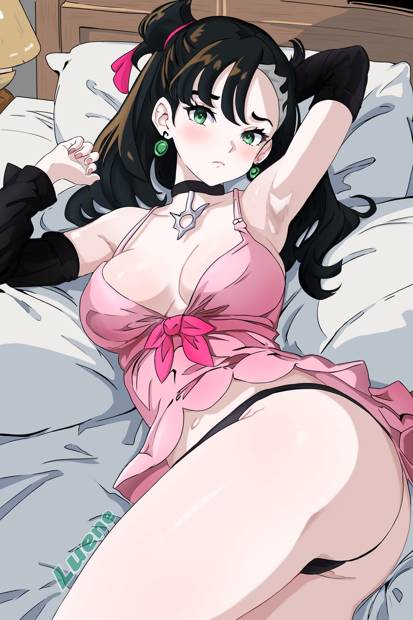 1girls ai_generated arm_up arm_warmers armpits artist_name ass bed black_hair black_panties blush camisole choker cleavage closed_mouth embarrassed green_eyes looking_at_viewer luene lying lying_on_bed marnie_(pokemon) medium_breasts on_bed panties pink_camisole pokemon pokemon_ss sole_female solo thick_thighs twintails