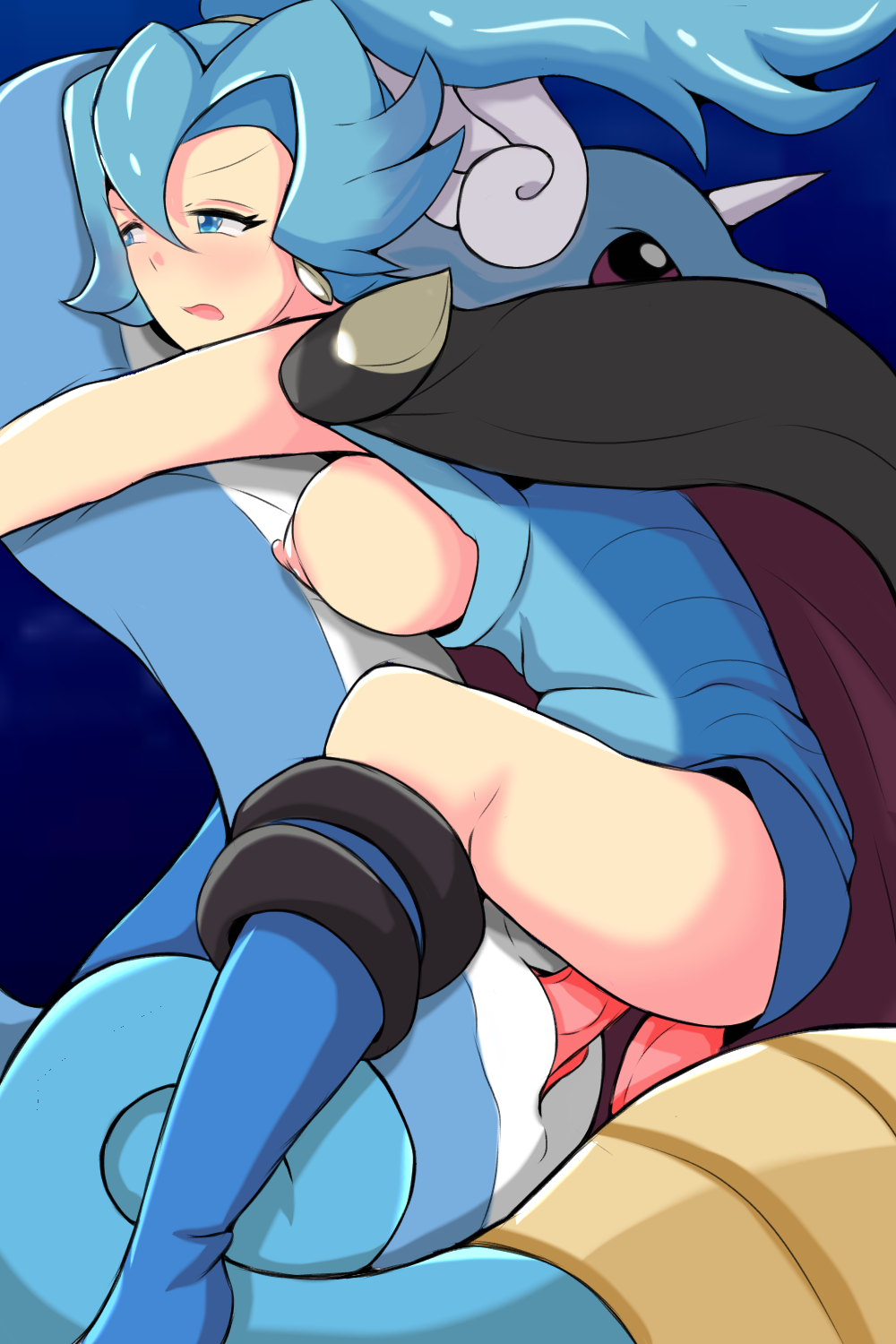 blue_eyes blue_hair blush breasts breasts_out cape clair_(pokemon) clothed double_penetration dragonair earrings gym_leader hugging interspecies kingdra monster nipples pokemon pokephilia riding riding_penis thatguy1990 threesome