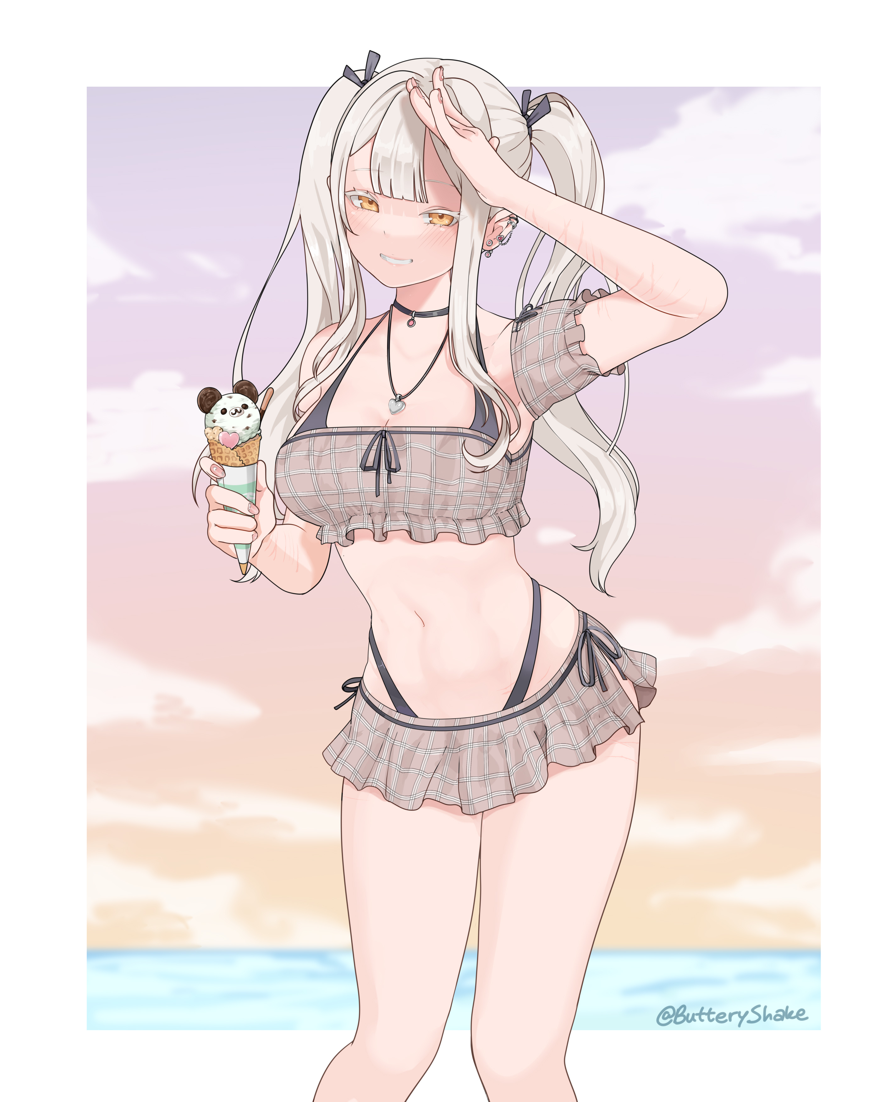 beach, bikini, butteryshake, female, female only, fully clothed, miniskirt, pale skin, piercings, revealing clothes, scars, scars on arm, skirt, solo female, swimsuit, thong straps, twintails, white hair, yellow eyes