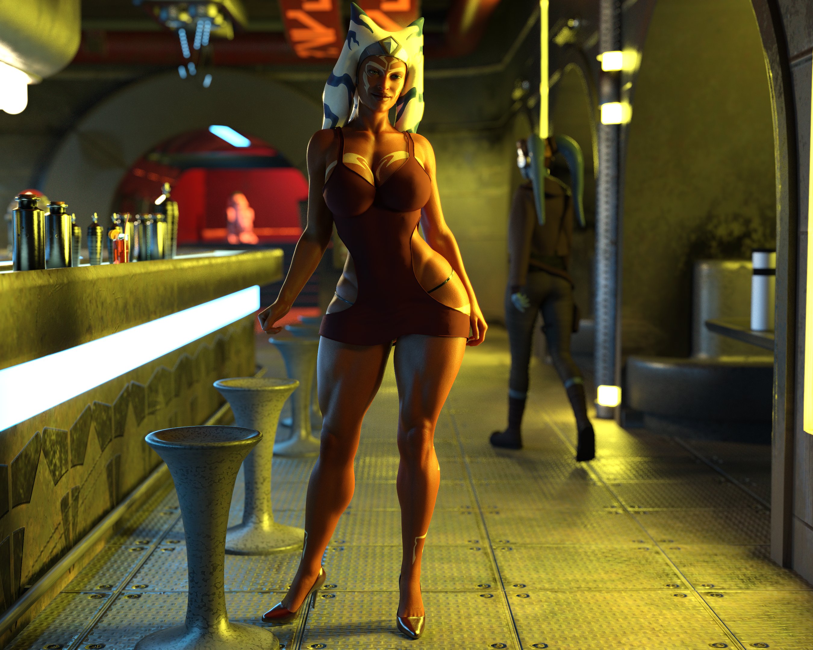 2girls, 3d, 3d (artwork), ahsoka tano, alien girl, alternate version available, astromech droid, bar, cantina, dress, drinkerofskies, droid (star wars), female, female only, high heels, multiple females, multiple girls, questionable, solo focus, star wars, star wars rebels, thick thighs, togruta, twi'lek