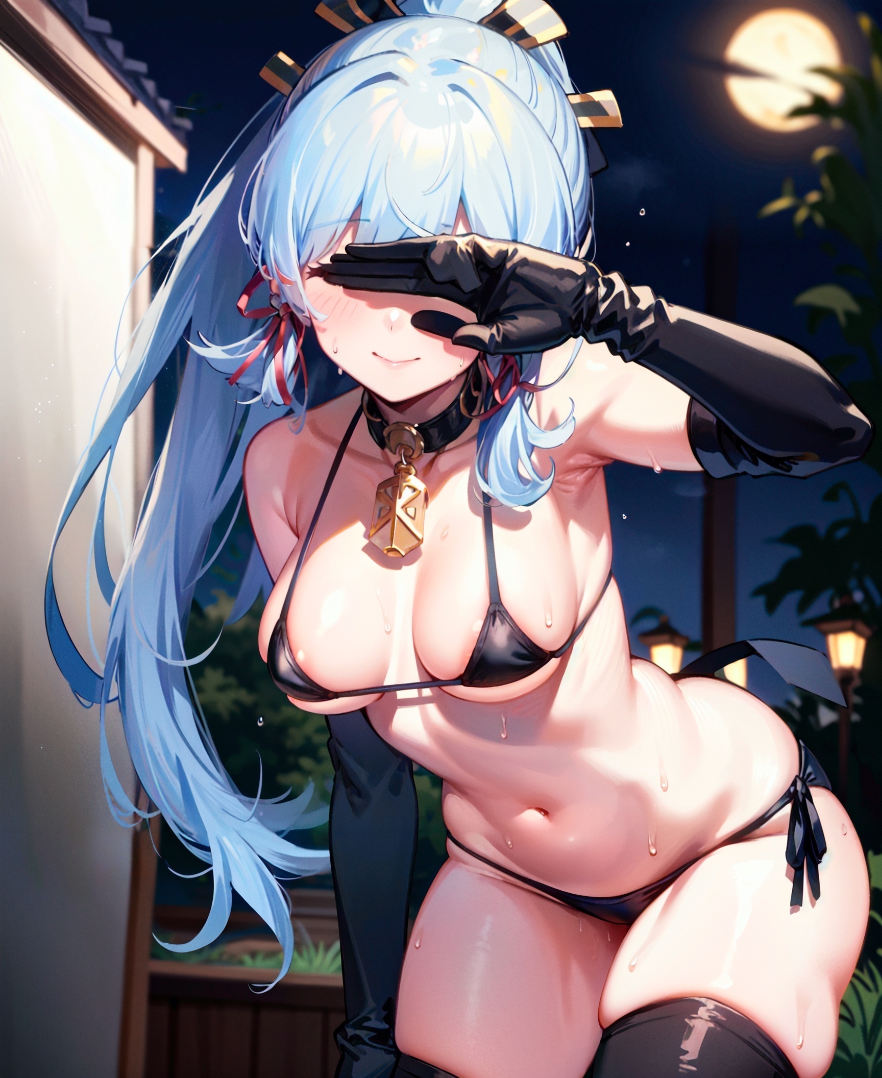 1girls, ai generated, blue hair, breasts, female, genshin impact, hi res, huge breasts, kamisato ayaka, latex gloves, latex thighhighs, long hair, looking at viewer, seductive look, small breasts, stable diffusion, voluptuous female