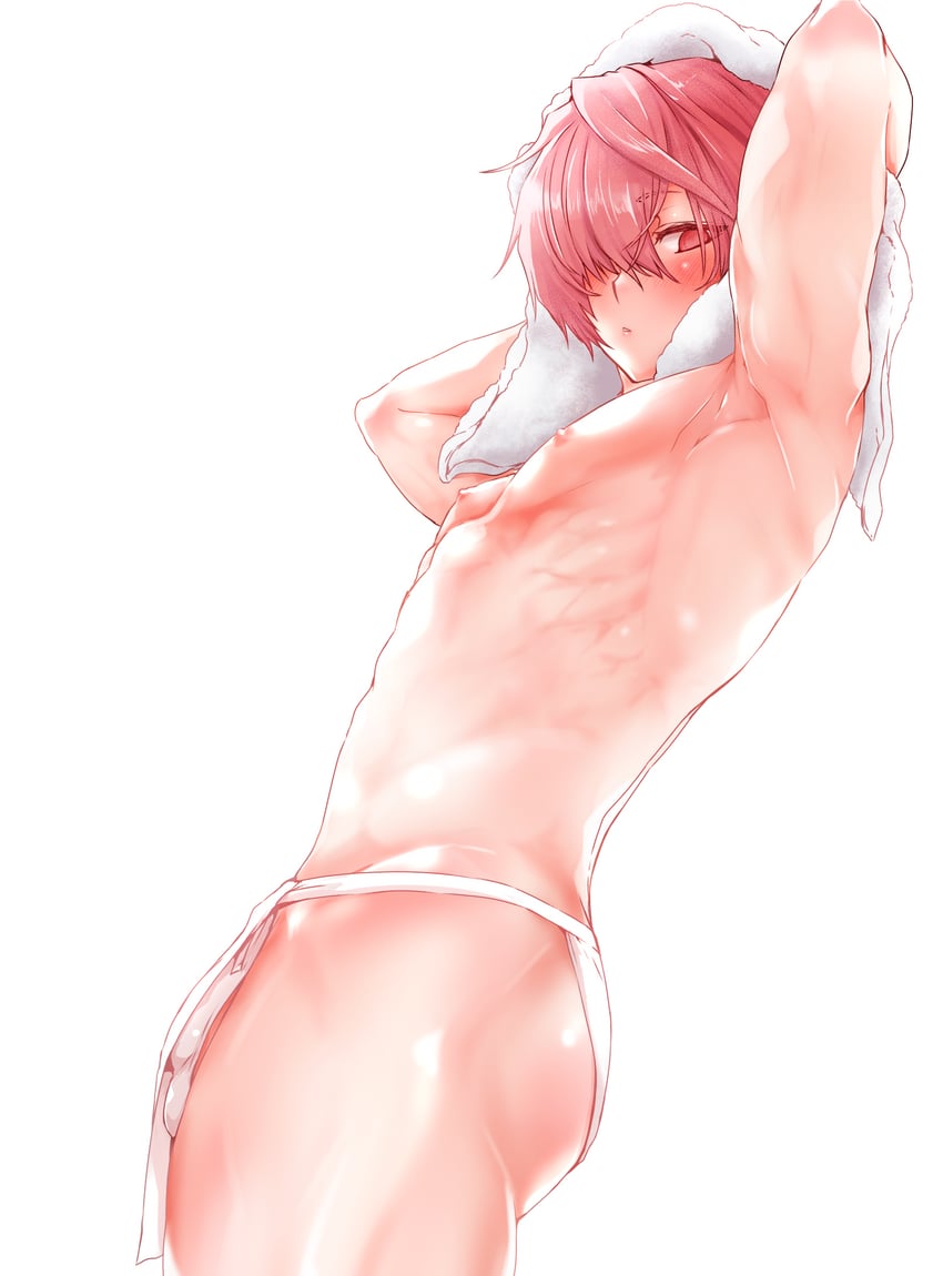 1boy armpits arms_behind_head arms_up ass blush bulge cowboy_shot drying drying_hair fate/grand_order fate_(series) femboy from_side fundoshi fuuma_kotarou_(fate) hair_over_one_eye highres holding holding_towel japanese_clothes kamenakake kamenakaoji looking_at_viewer male_focus male_only muscular_femboy nipples otoko_no_ko parted_bangs parted_lips pectorals red_eyes red_hair shiny_skin short_hair solo standing toned toned_male towel towel_on_head underwear underwear_only