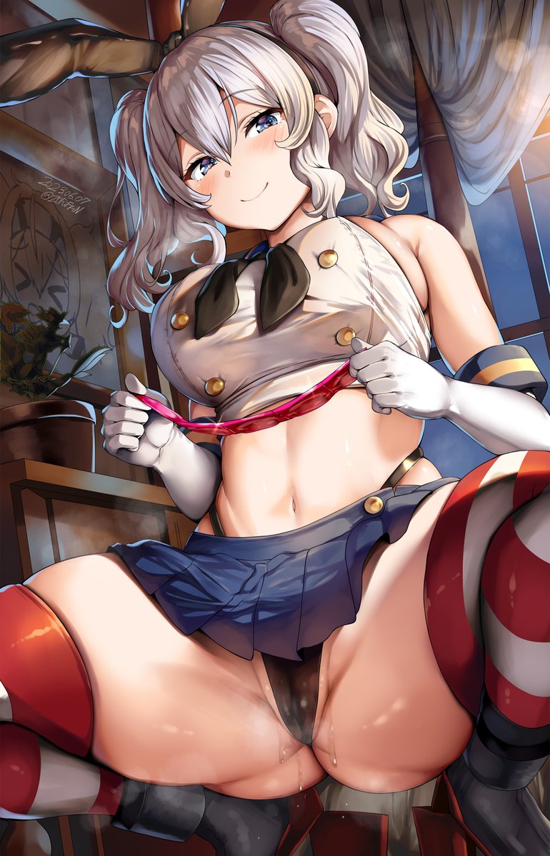 ass ass_bigger_than_skirt belko below_view big_ass big_breasts black_thong black_tie blue_eyes blue_skirt blush boots bottom_view breasts bunny_ears condom condom_in_hand condom_wrapper curtains flower_pot furniture gloves hi_res high_heels highres huge_ass huge_breasts huge_thighs kantai_collection kashima_(kantai_collection) large_ass large_breasts legwear long_hair looking_at_viewer looking_down navel painting pink_condom plump pot potted_plant pussy pussy_bulge pussy_juice pussy_juice_drip red_and_white red_and_white_stockings red_legwear shimakaze_(kantai_collection) shimakaze_(kantai_collection)_(cosplay) short_skirt sideboob silver_hair skirt smiling smiling_at_viewer stockings striped_legwear striped_stockings tagme thick_thighs thighs thong tie tight_clothes tight_clothing twintails viewed_from_below white_gloves window