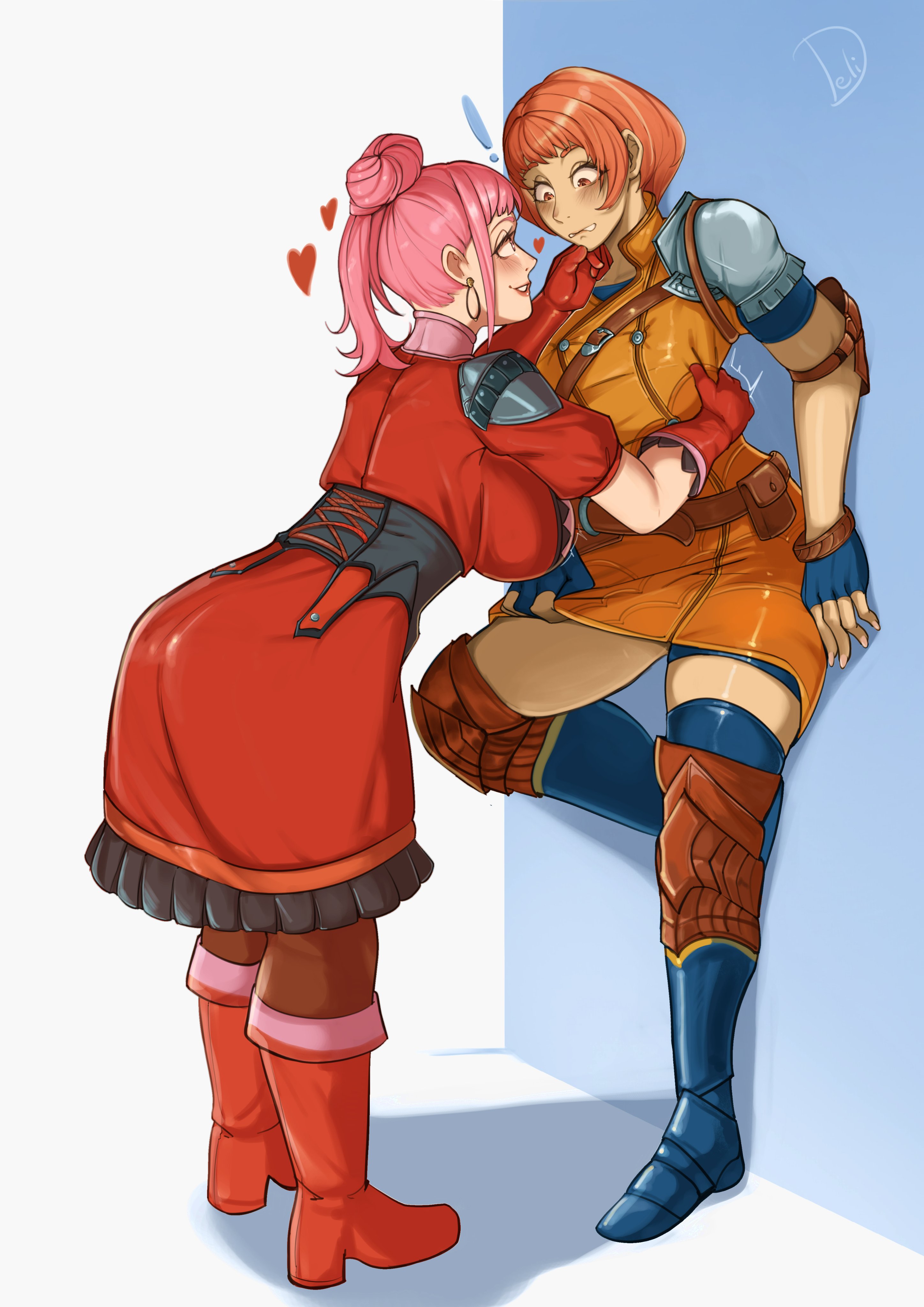 !, 2girls, alternate costume, alternate hairstyle, armor, breasts, caress, clothed, deliciousbra, dress, female, fire emblem, fire emblem warriors: three hopes, fire emblem: three houses, hair bun, heart, hilda valentine goneril, hilda valentine goneril (helping hand), large breasts, leonie pinelli, nintendo, official alternate costume, official alternate hairstyle, orange eyes, orange hair, pink hair, pinned to wall, short hair, surprised, yuri