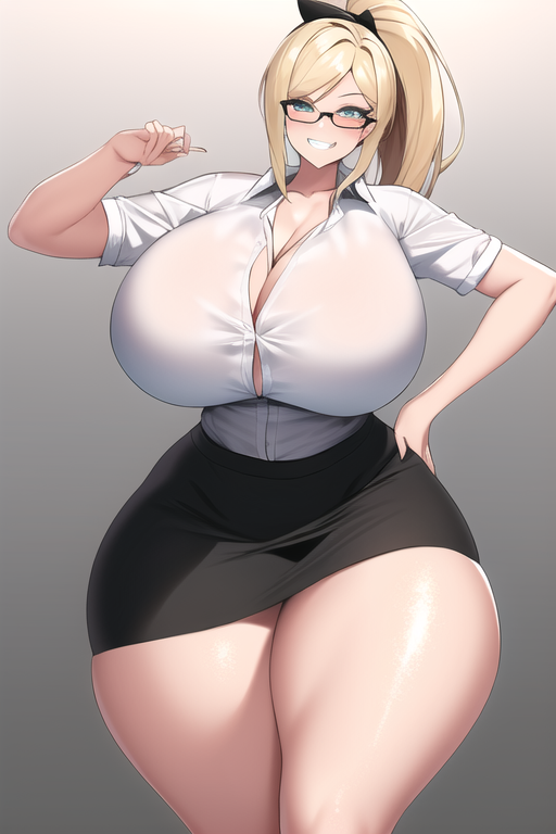 ai_generated black_skirt blonde_hair blue_eyes bootylover02 curvaceous curvy curvy_figure gigantic_ass gigantic_breasts hand_on_hip huge_ass huge_breasts huge_hips looking_at_viewer nai_diffusion ponytail seductive_smile shiny_clothes shiny_hair shiny_skin stable_diffusion teacher thick_thighs thunder_thighs unknown_character voluptuous white_shirt wide_hips