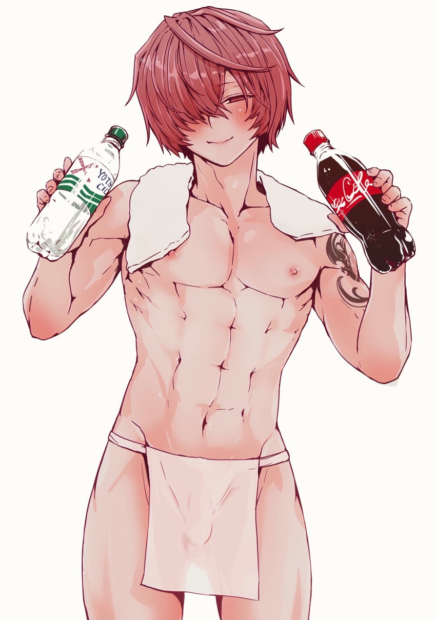 1boy abs arm_tattoo blush bottle bulge coca-cola collabone commentary_request cowboy_shot fate/grand_order fate_(series) femboy fundoshi fuuma_kotarou_(fate) hair_over_one_eye half-closed_eye hands_up highres holding holding_bottle japanese_clothes kamenakake kamenakaoji looking_at_viewer male_focus male_only muscular_femboy navel nipples otoko_no_ko parted_bangs partial_commentary pectorals red_eyes red_hair see-through see-through_clothing see-through_silhouette see-through_underwear short_hair simple_background skull_tattoo smile soda_bottle solo standing tattoo toned toned_male towel towel_around_neck underwear underwear_only