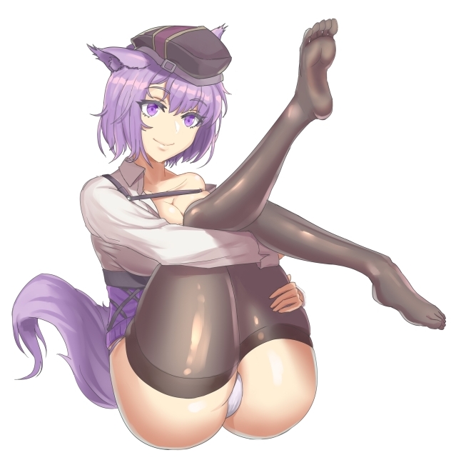 1girls 2023 animal_ears arknights artist_request ass bare_shoulders dur-nar_(arknights) feet feet_up female female_only fox_ears fox_girl fox_tail hat hi_res kemonomimi legs legs_together legs_up light-skinned_female light_skin panties purple_eyes purple_hair short_hair simple_background sitting smile solo tail thighhighs thighs