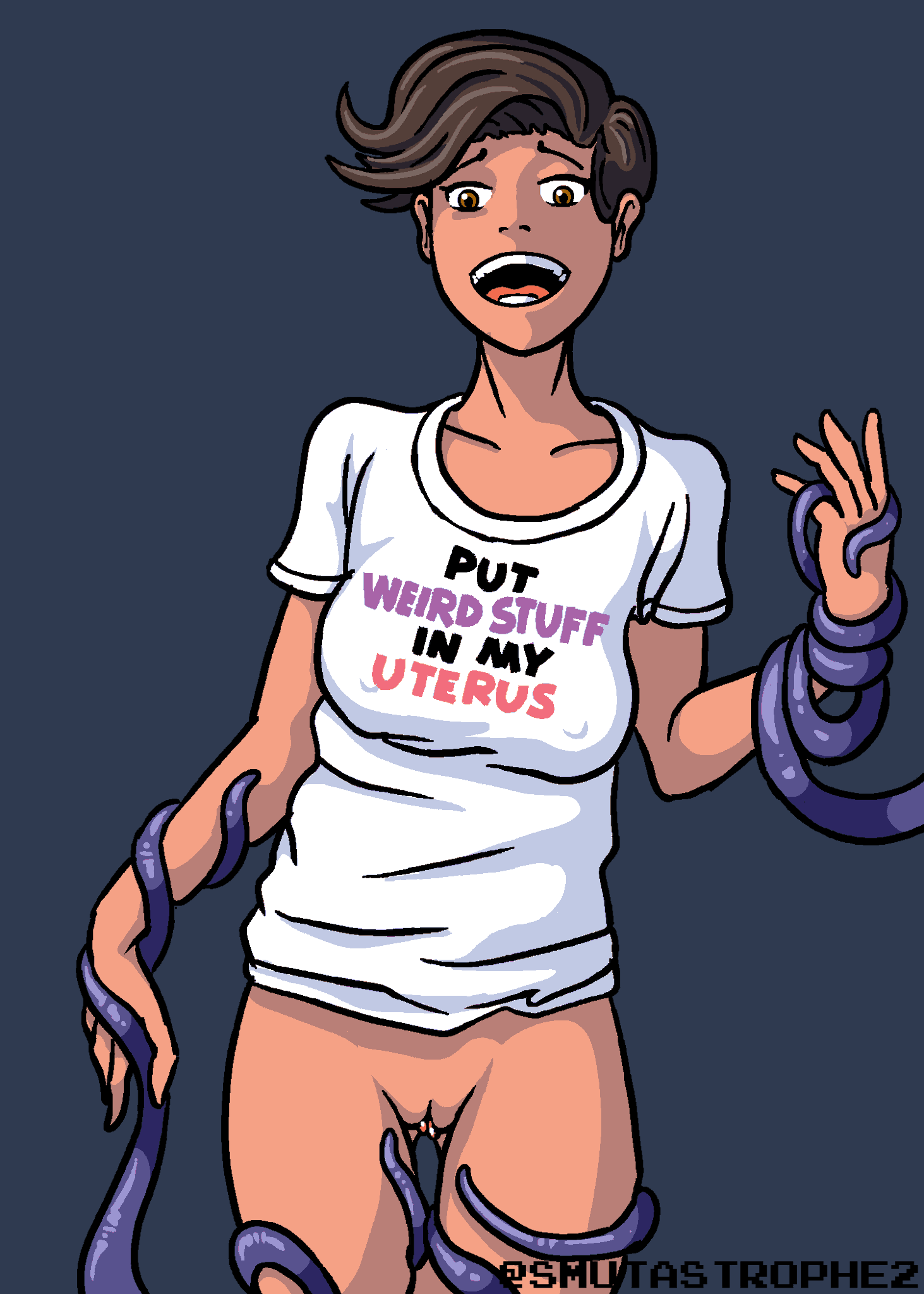 1girls asymmetrical_hair bottomless krispy_(character) large_breasts novelty_clothing sagging_breasts shaved_pussy short_hair skinny smutastrophe t-shirt_only tentacle