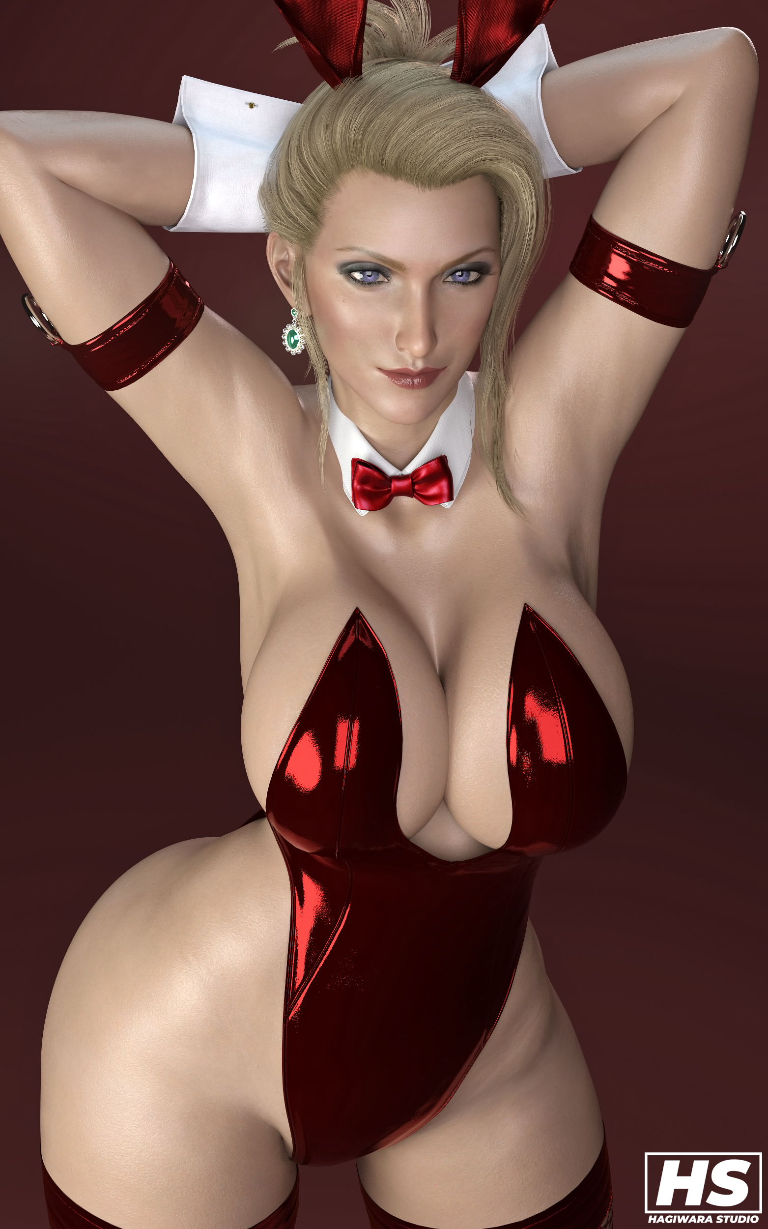 1girls, 3d, big breasts, blonde female, bowtie, breasts, bunny ears, bunnysuit, curvaceous, curves, curvy, curvy figure, eyelashes, eyeliner, female, female only, final fantasy, final fantasy vii, final fantasy vii remake, fishnets, hagiwara studio, huge breasts, large breasts, lipstick, long hair, mature, mature female, scarlet (ffvii), solo, square enix, stockings, tagme, thick thighs, thighhighs, thong, video games
