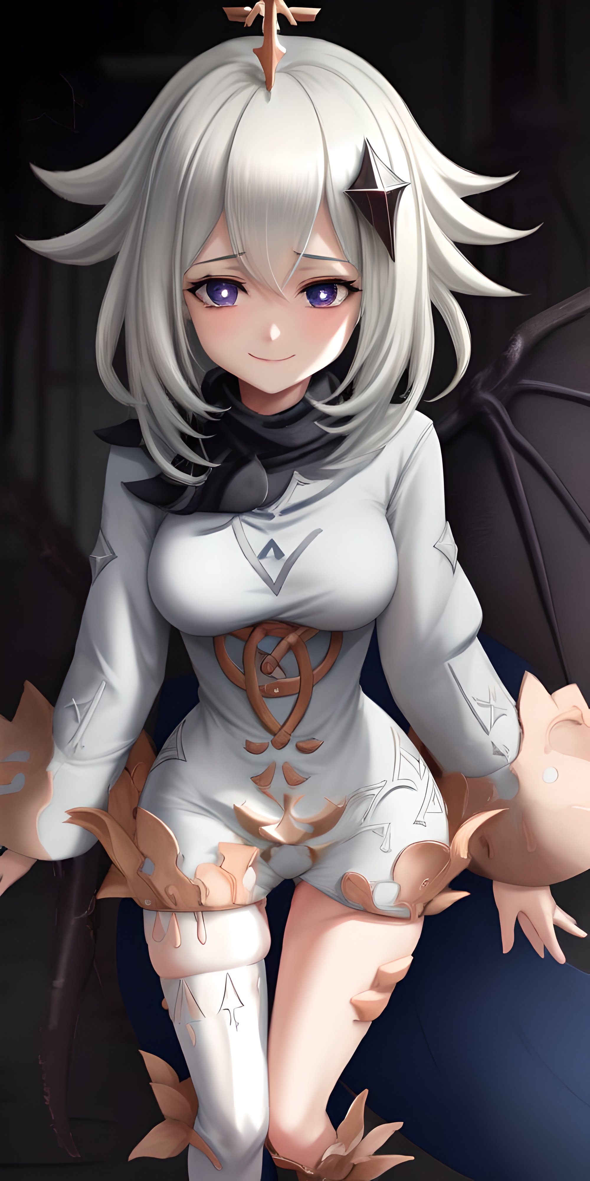 1girls, ai generated, big breasts, breasts, female, genshin impact, hair ornament, highres, kirill782, looking at viewer, paimon (genshin impact), scarf, smile, stable diffusion, white clothing, white hair