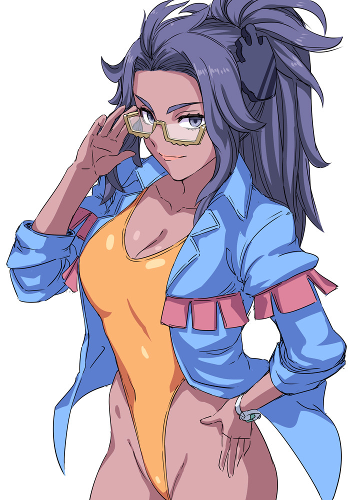 1girls covered_navel dark-skinned_female dark_skin game_freak glasses half_rim_glasses hand_on_hip looking_at_viewer nintendo one-piece_swimsuit pokemon pokemon_sv ponytail purple_hair raifort_(pokemon) solo solo_female standing swimsuit urukbal white_background