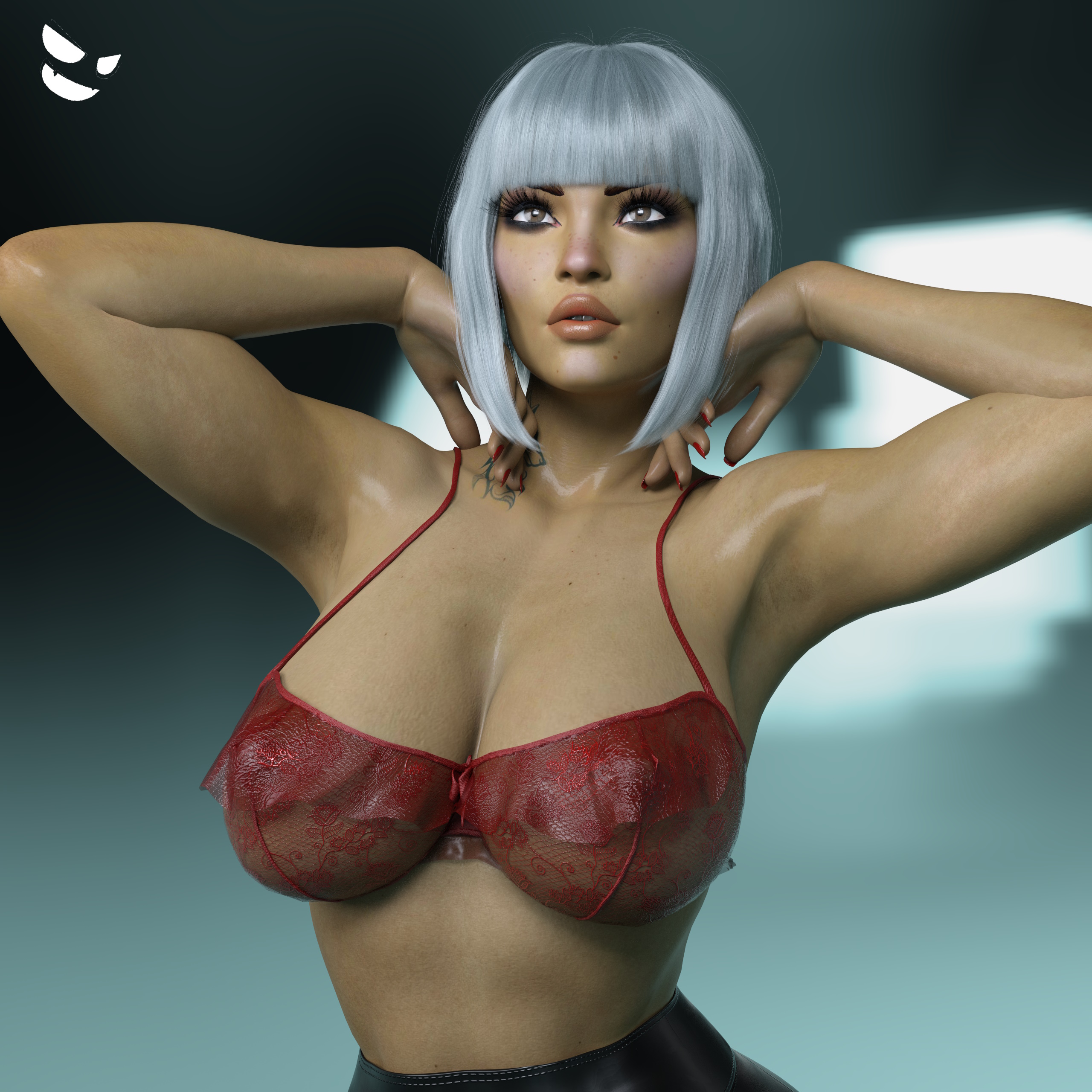 3d, alternate hairstyle, apex legends, ass, bangs, big ass, big breasts, bob cut, bra, breasts, dark skin, dark-skinned female, female, gm studios, loba (apex legends), respawn entertainment, short hair, tattoo, thick thighs, tights, white hair