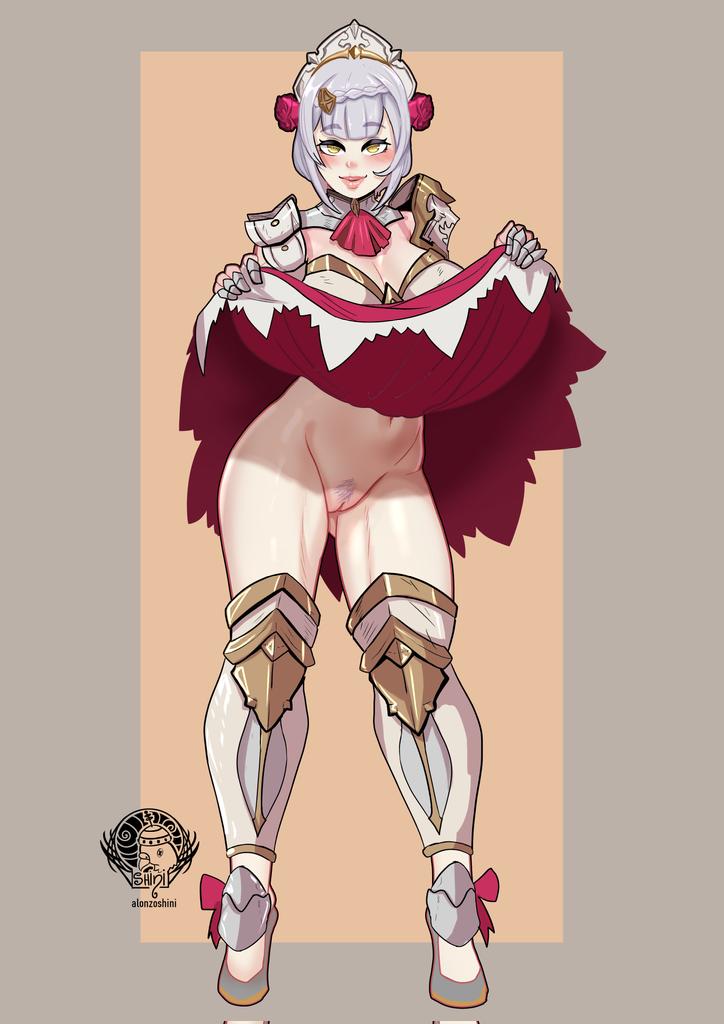 1girls, female, female focus, female only, genshin impact, lifting, lifting skirt, looking at viewer, noelle (genshin impact), shini alonzo, short hair, silver hair, skirt lift, solo, solo female, solo focus