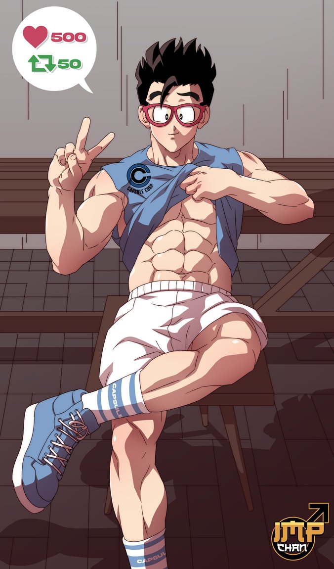 abs biceps big_chest big_pecs bulging_biceps dragon_ball dragon_ball_z glasses huge_chest huge_pecs impchan looking_at_viewer male male_only muscles muscular muscular_male peace_sign pecs shirt_lift son_gohan strip_game teasing thick_thighs