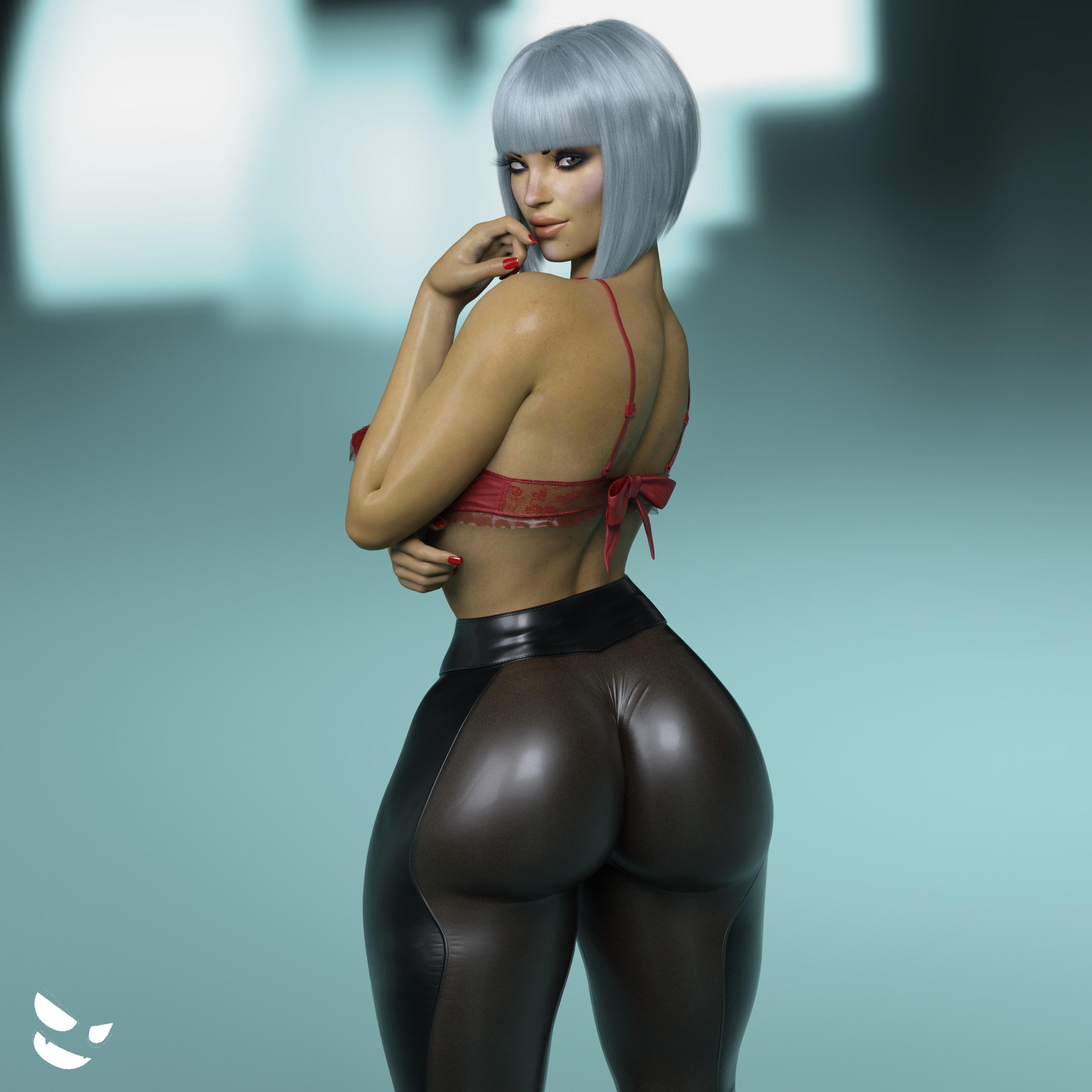 1girls, 3d, alternate hairstyle, apex legends, ass, bangs, big ass, big breasts, bob cut, bra, breasts, dark skin, dark-skinned female, electronic arts, female, female only, gm studios, hi res, loba (apex legends), looking at viewer, looking back, respawn entertainment, short hair, simple background, solo, standing, tattoo, thick thighs, tight clothing, tights, white hair, wide hips