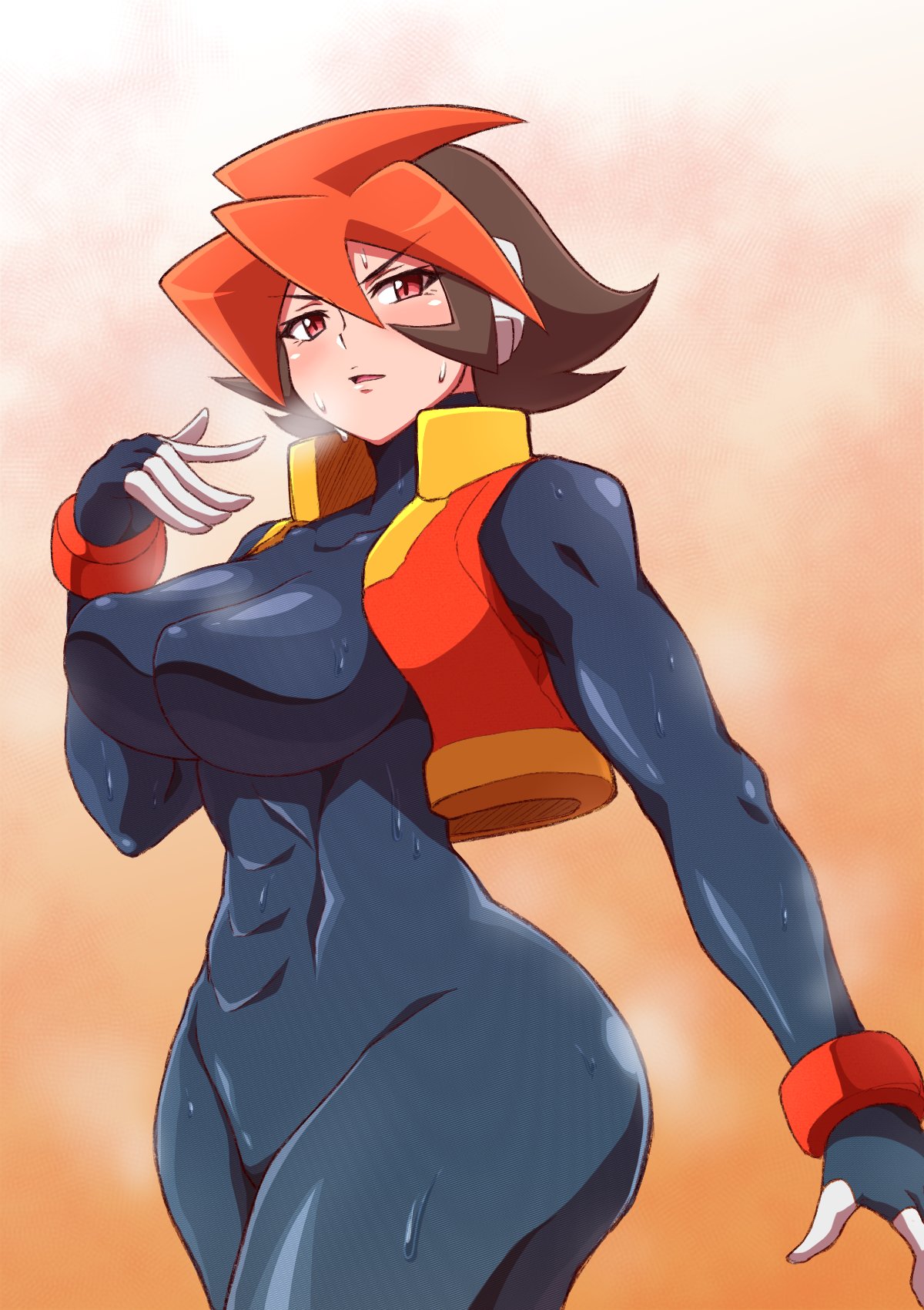 1girls abs atlas_(megaman) big_ass big_breasts bodysuit female mega_man mega_man_zx_advent noburockman solo sweat tagme