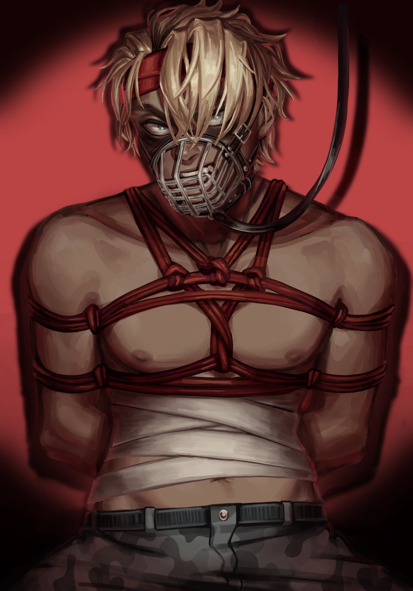 blonde hair, bondage, brat, chickeninpaper, clothed, derek goffard, leash, leash pull, male, muzzle (object), muzzled, no visible genitalia, pet play, petplay, red rope, solo male, suggestive, the price of flesh