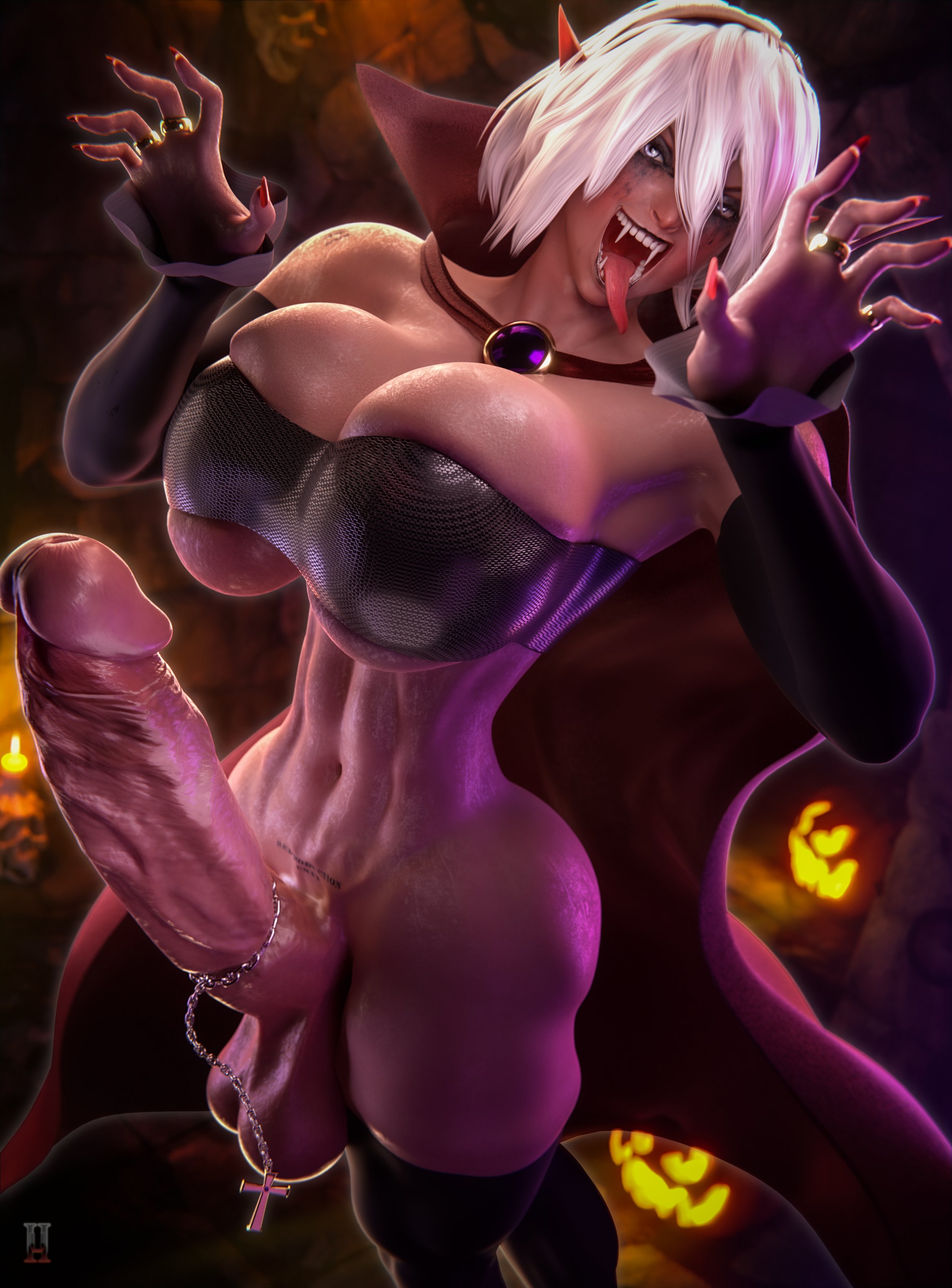 1futa, 3d, 3d (artwork), abs, ass, balls, breasts, futa only, futanari, halloween, huge breasts, hyper penis, intersex, light skin, light-skinned futa, massive ass, muscular, muscular futa, nier, nier: automata, penis, uncensored, unnero1, white hair, yorha 2b