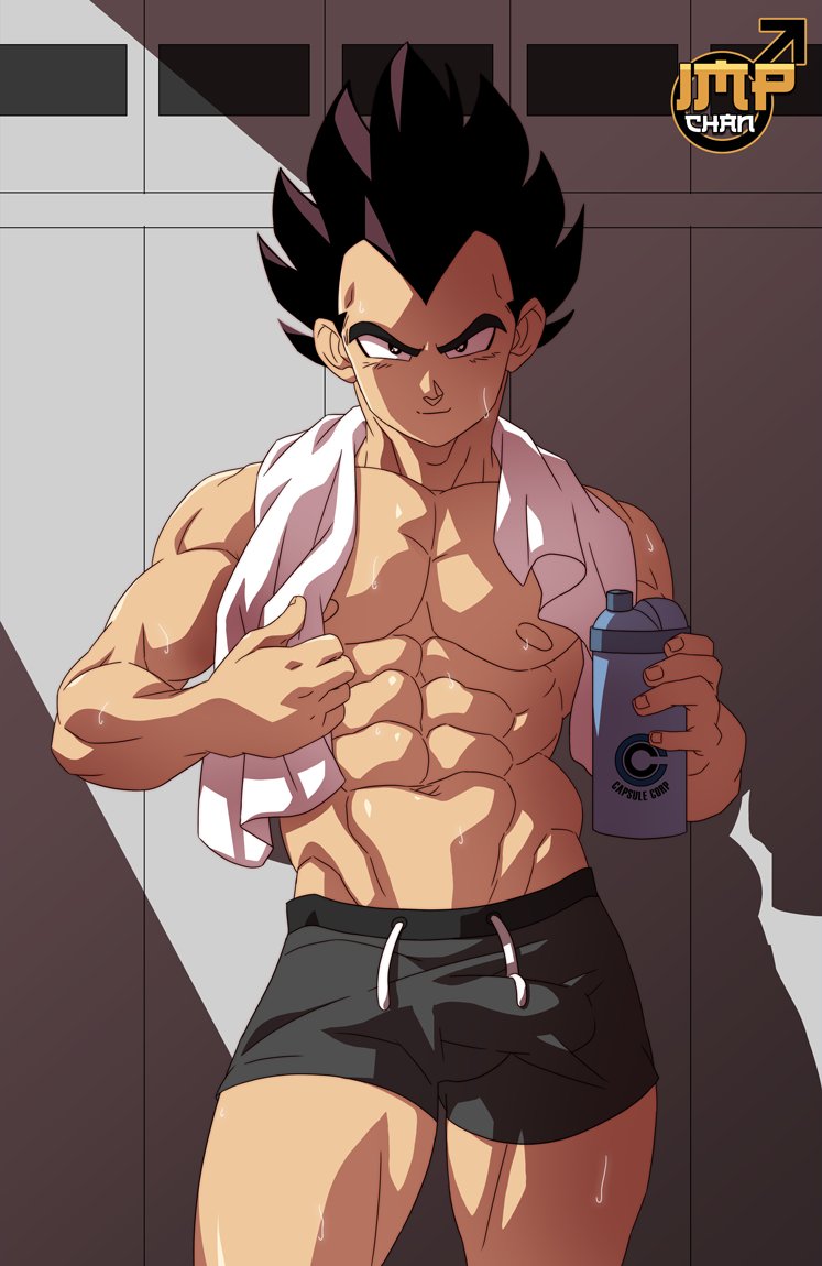 abs against_locker biceps big_bulge big_chest big_pecs bulge bulging_biceps dragon_ball dragon_ball_z flaccid huge_bulge huge_chest huge_pecs impchan leaning_against_locker locker_room looking_at_viewer male male_only muscles muscular muscular_male pecs post_workout short_shorts smooth_chest smooth_skin solo solo_male sweaty thick_thighs towel vegeta