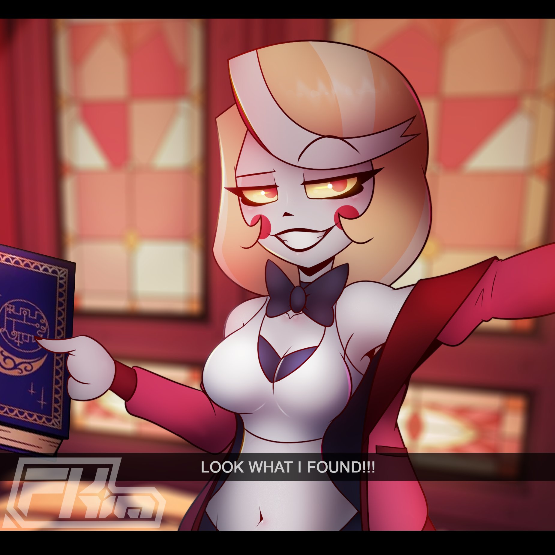 blonde hair, book, charlie morningstar (hazbin hotel), clothing, female, female only, fkimnsfw, grimoire, hazbin hotel, humanoid, looking at viewer, neckwear, outerwear, pale skin, tagme, text, vivienne medrano, vivziepop