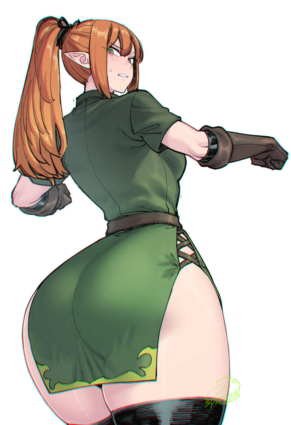 1girls ass ass_focus belt big_ass big_breasts big_butt black_thighhighs blush breasts butt curvy dress elbow_gloves elf elf_ears elf_female elf_girl eyebrows_visible_through_hair facing_away fantasy female female_humanoid ginger ginger_hair gloves green_clothing green_dress green_eye green_eyes green_eyes_female hair_between_eyes highres hourglass hourglass_figure huge_ass huge_breast huge_butt humanoid humanoid_hands humanoid_pointy_ears large_ass large_breasts large_butt light-skinned_female light_skin long_ears long_hair long_hair_female looking_at_viewer looking_back looking_back_at_viewer massive_ass massive_breasts massive_butt no_humans non-human oc orange_hair original original_character pointy_chin pointy_ears ponytail ponytail_(hair) ponytail_female ponytails side_slit signature simple_background solo spacezin thick_ass thick_thighs thighhighs thighs white_background wide_hips woman wood_elf