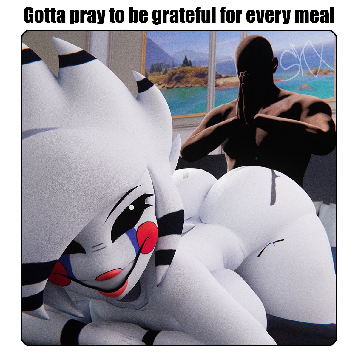 1boy, 1girls, 3d, 3d (artwork), alternate version available, ass, bald, big ass, big breasts, breasts, cally3d, clazzey, cryptiacurves, curvy, fazclaire's nightclub, female, five nights at freddy's, five nights at freddy's 2, fnaf, fredina's nightclub, grin, imminent sex, male, marie (cally3d), marie (cryptia), marionette (fnaf), meme, praying, puppet (cally3d), puppet (fnaf), scottgames, skxx elliot, smile, straight, text, thick thighs, voluptuous