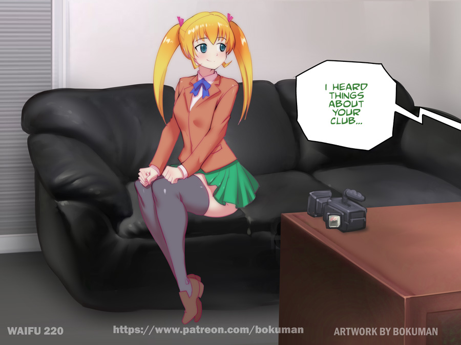 1futa asakura_mao before_sex black_socks black_stocking black_stockings blonde_female blonde_hair blue_eyes bokuman casting casting_couch casting_couch_series casting_room clothed clothing dialogue flat_chest flat_chested fully_clothed futa_only futabu futanari light-skinned_futanari light_skin page_1 page_number school_uniform schoolgirl sitting small_ass small_butt smile smilling socks solo student text thigh_socks thighhighs