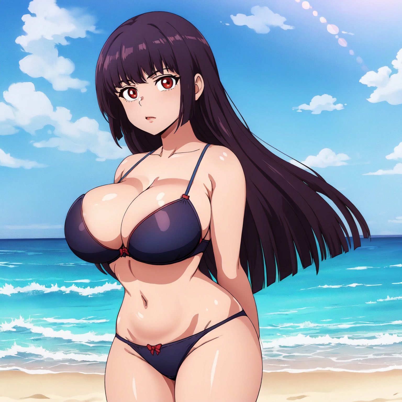 1girls, ai generated, arms behind back, beach, big breasts, bikini, breasts, busty, cleavage, female, female only, large breasts, long hair, navel, ocean, please don't bully me, nagatoro, president (nagatoro), purple hair, red eyes, sana sunomiya, solo, stable diffusion, voluptuous, water