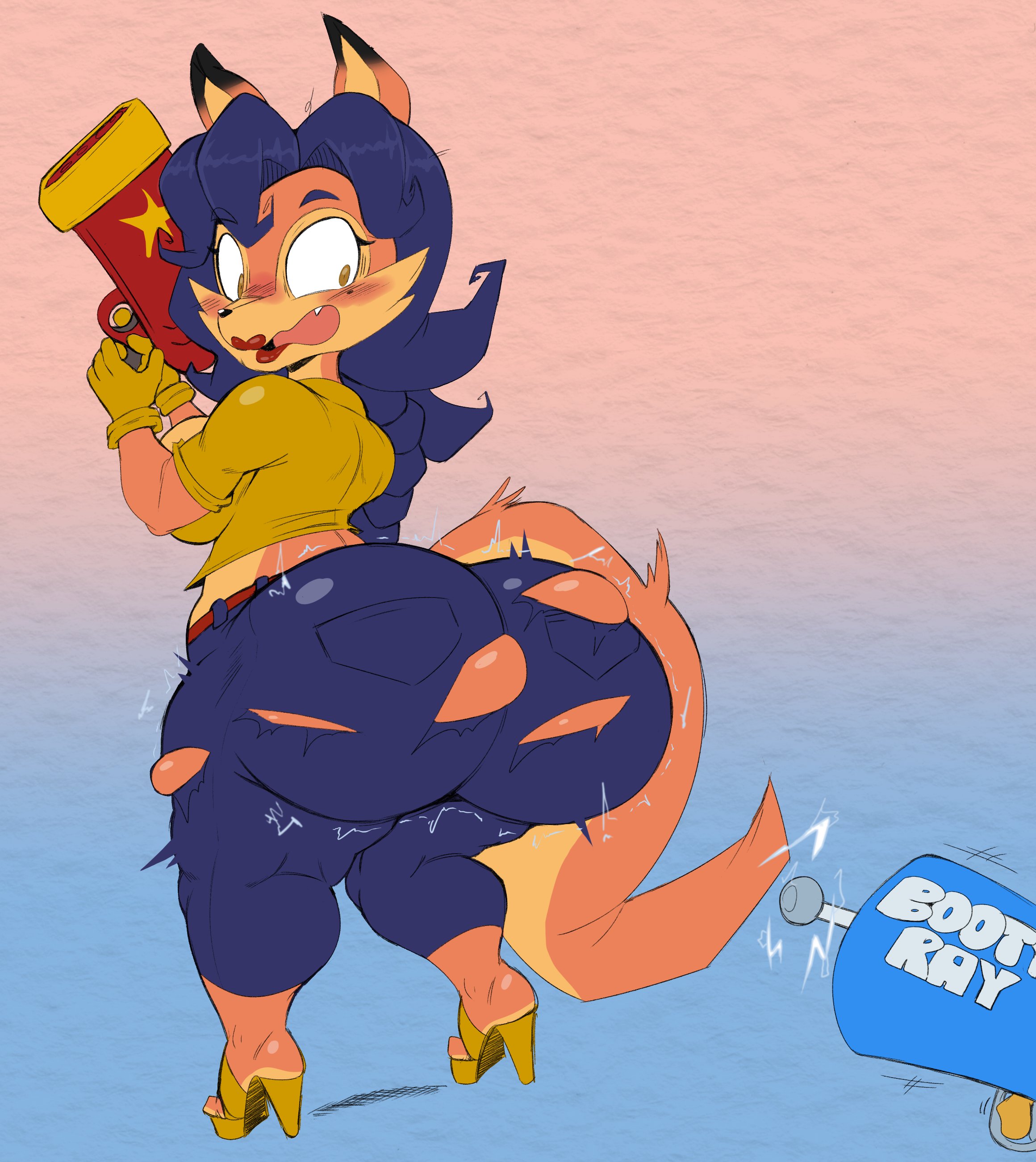 anthro, ass, ass expansion, ass focus, big ass, big breasts, bottom heavy, breasts, butt expansion, carmelita fox, expansion, female, fox, fully clothed, gun, huge ass, huge butt, large ass, offscreen character, purple yoshi draws, ripped clothing, ripped pants, sly cooper (series), solo, sony corporation, sony interactive entertainment, tearing open bottoms, wardrobe malfunction, weapon