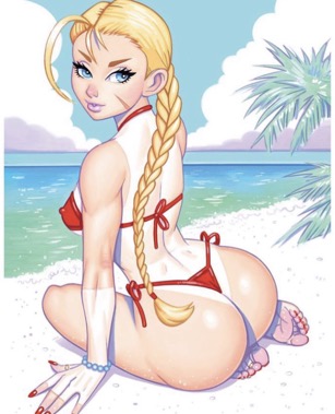 1girls ass beach bikini blonde_hair blue_eyes bubble_butt cammy_white female female_only nail_polish nipple_bulge nipples_visible_through_clothing pink_soles red_bikini red_nail_polish red_nails red_toenail_polish red_toenails scott_blair soles solo street_fighter