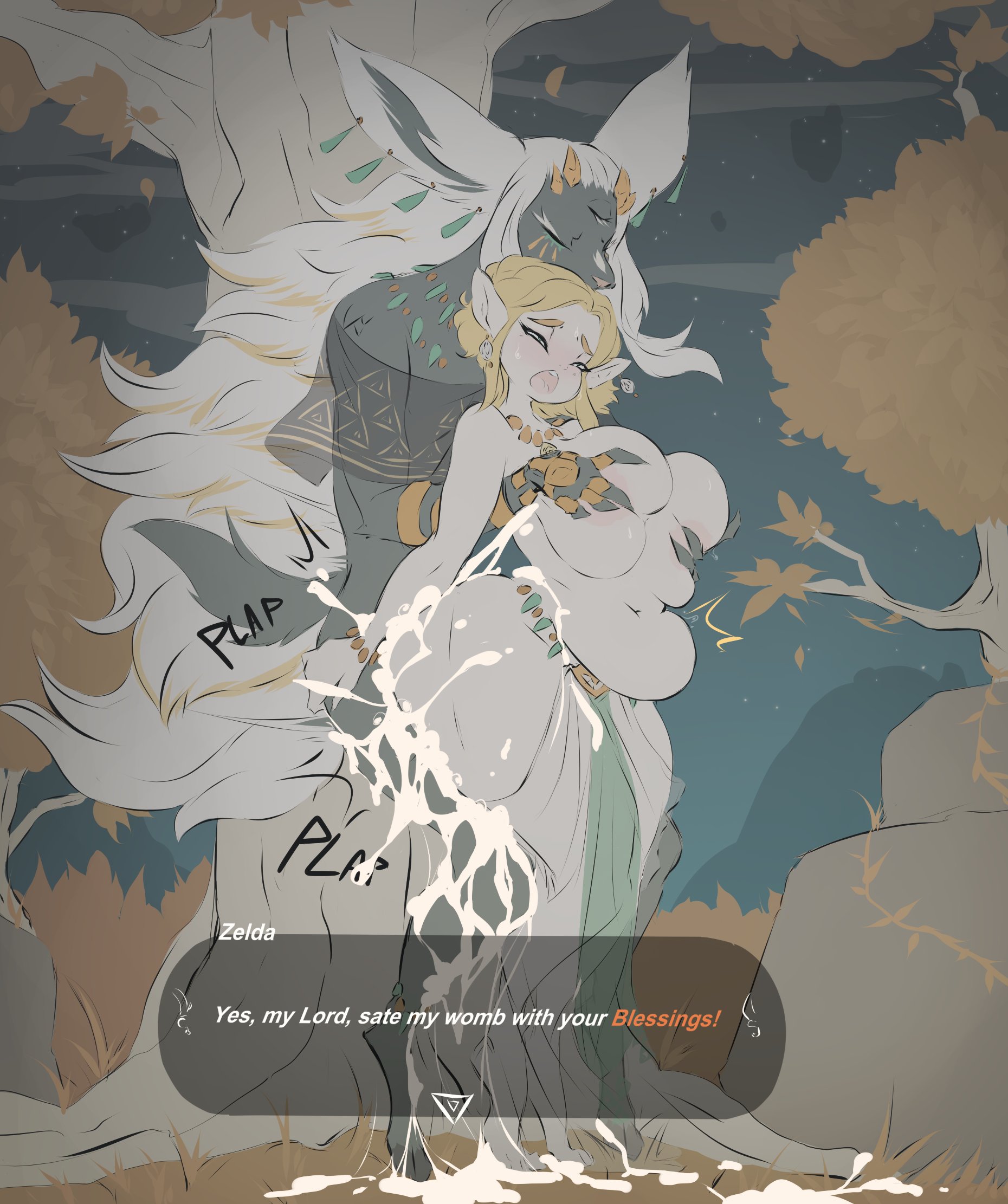 1boy, 1girls, ass, big breasts, breast grab, breasts, closed eyes, creampie, cum, cum in pussy, cum inside, cumflation, dullvivid, excessive cum, female, grabbing from behind, huge ass, huge butt, huge thighs, inflation, male, princess zelda, pussy, rauru (tears of the kingdom), tears of the kingdom, text, the legend of zelda, thick thighs, vaginal, vaginal penetration, wide hips, zelda (tears of the kingdom), zonai
