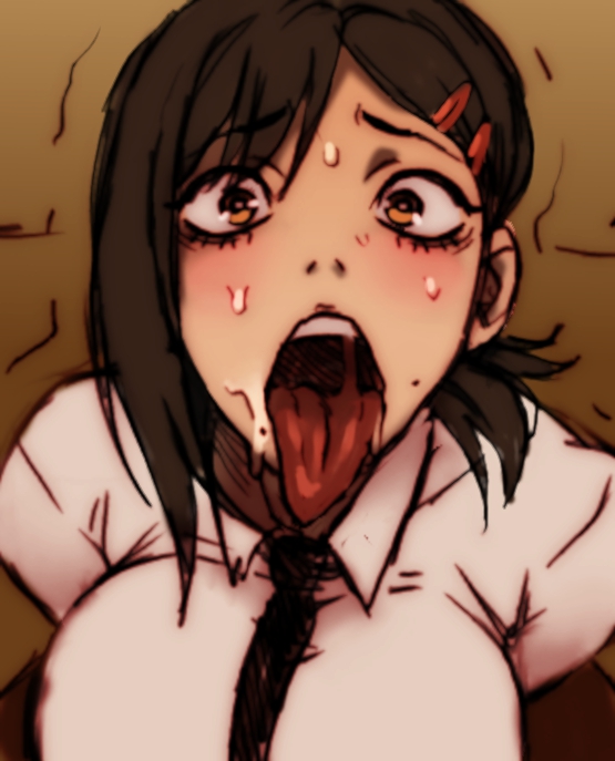 2023 ahe_gao ahegao big_breasts black_hair blush blushing chainsaw_man colored_sketch formal_wear higashiyama_kobeni jay-marvel mouth_fetish seductive_look sketch sweat sweatdrop tagme tongue tongue_out trembling