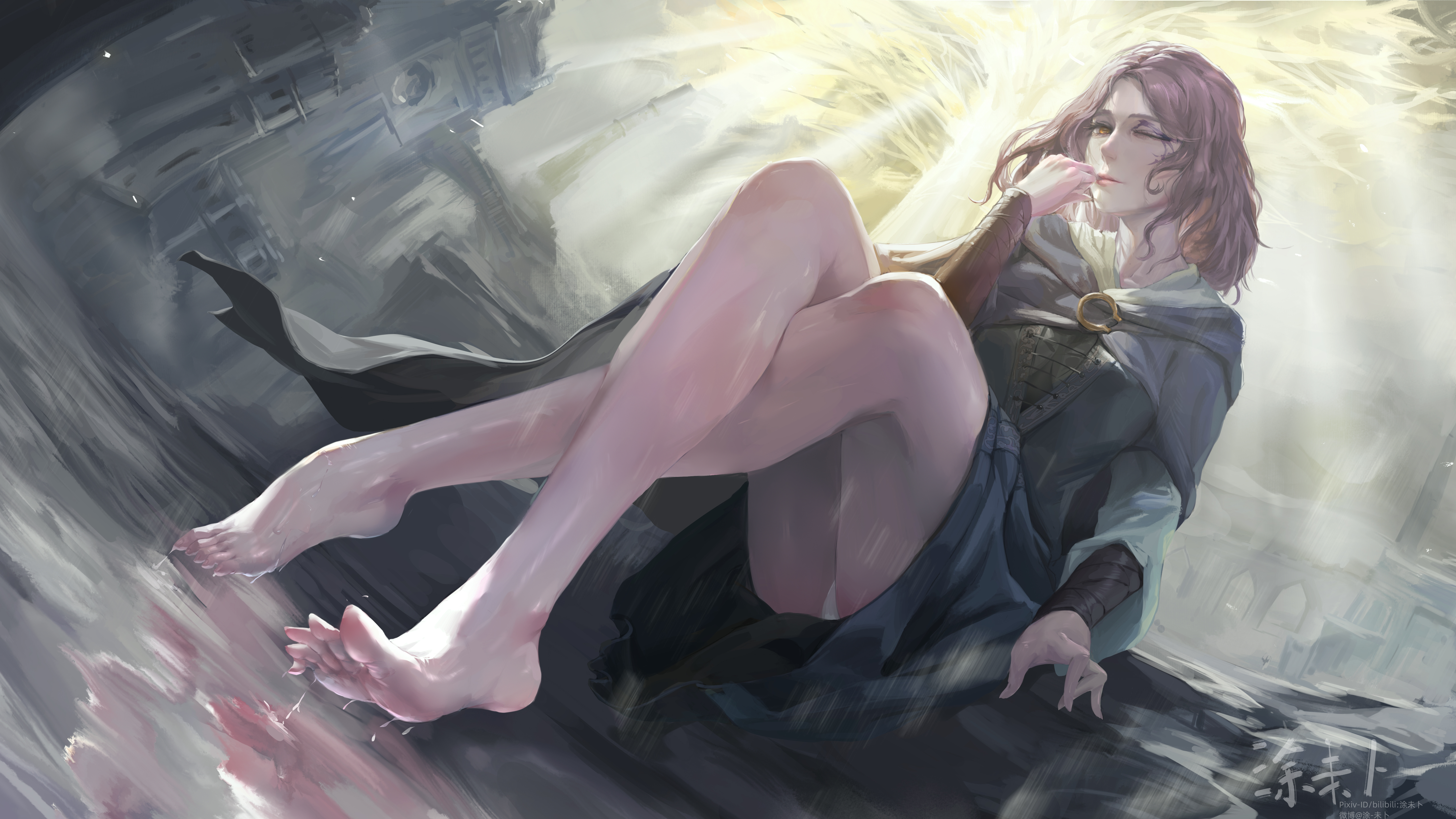 1girls, absurd res, ass, barefoot, big ass, clothing, crossed legs, elden ring, feet, female, female only, foot fetish, fromsoftware, human, light skin, light-skinned female, low-angle view, melina (elden ring), outdoors, outerwear, pale skin, panties, toes, tuweibu, wet, wet feet