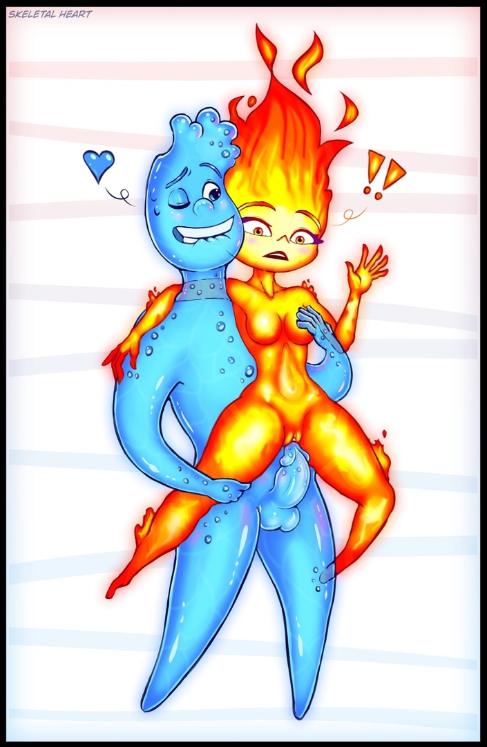 blue_eyes blue_heart breasts disney elemental_(pixar) elemental_creature elemental_humanoid ember_lumen female fire fire_creature flaming_hair genitals gradient_background heart humanoid liquid_hair male not_furry nude orange_eyes penis pixar pseudo_hair pussy sex simple_background skeletalheart surprised wade_ripple water water_creature