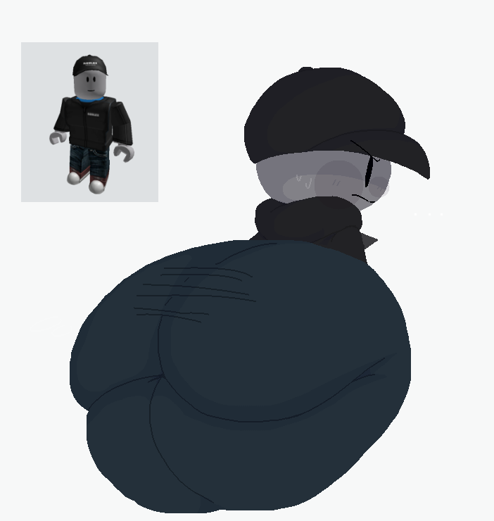 1boy ass big_ass big_butt fat_ass fat_butt fully_clothed grey_skin hat huge_ass huge_butt looking_at_viewer looking_back looking_back_at_viewer male male_only poppingsodafood roblox roblox_(character) robloxian solo sweat sweating thick_ass thick_butt