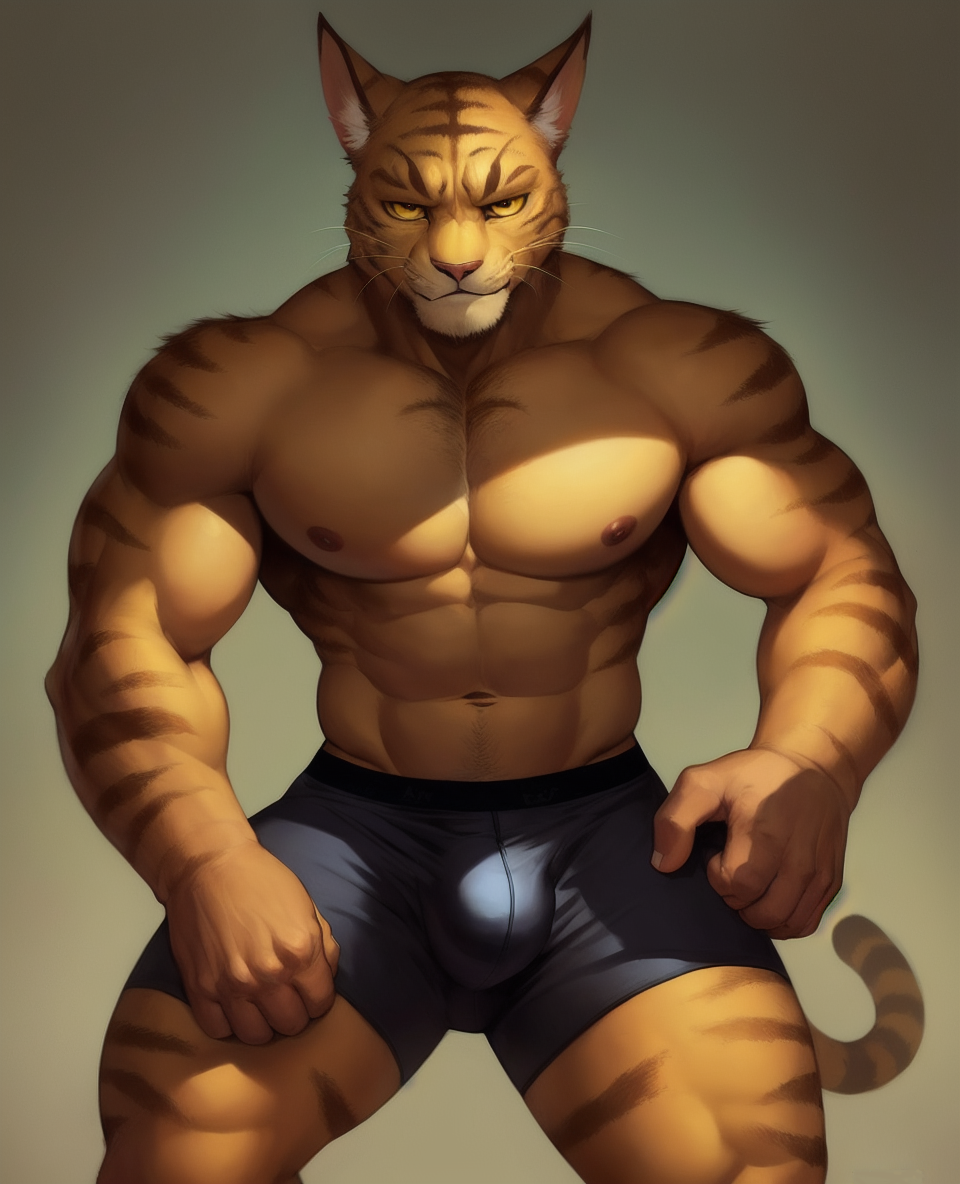 abs ai_generated areola barazoku bethesda_softworks black_boxer_briefs black_underwear boxer_briefs bulge felid feline fur khajiit looking_at_viewer massive_bulge muscular muscular_anthro muscular_male navel nipples riseflux tail the_elder_scrolls underwear whiskers yellow_eyes