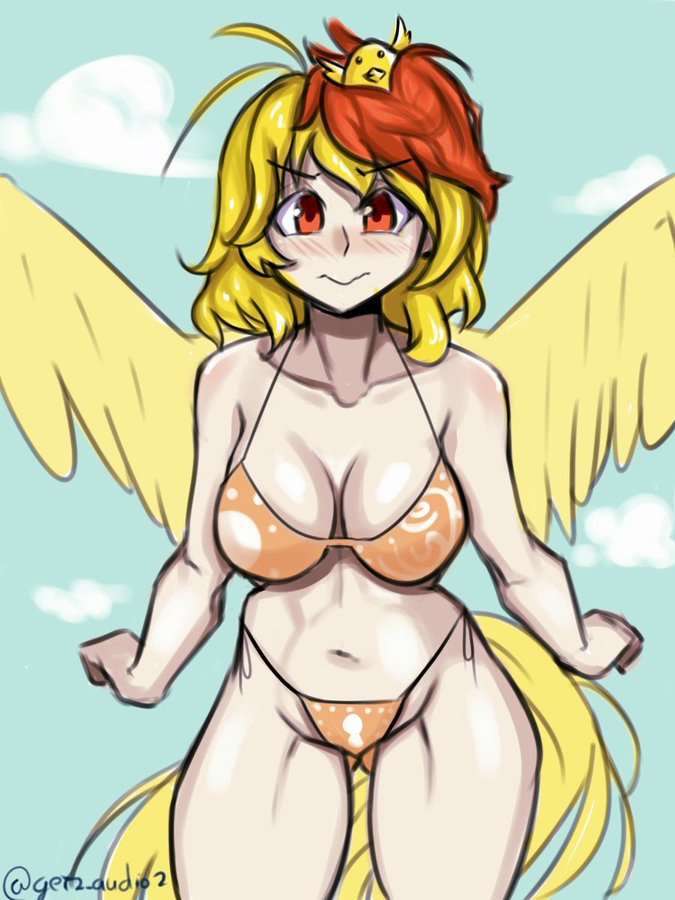 1girls big_breasts bikini blush chicken_girl get2_audio2 kutaka_niwatari light-skinned_female multicolored_hair muscular_female red_eyes red_hair sky tail thighs touhou watermark wings yellow_hair