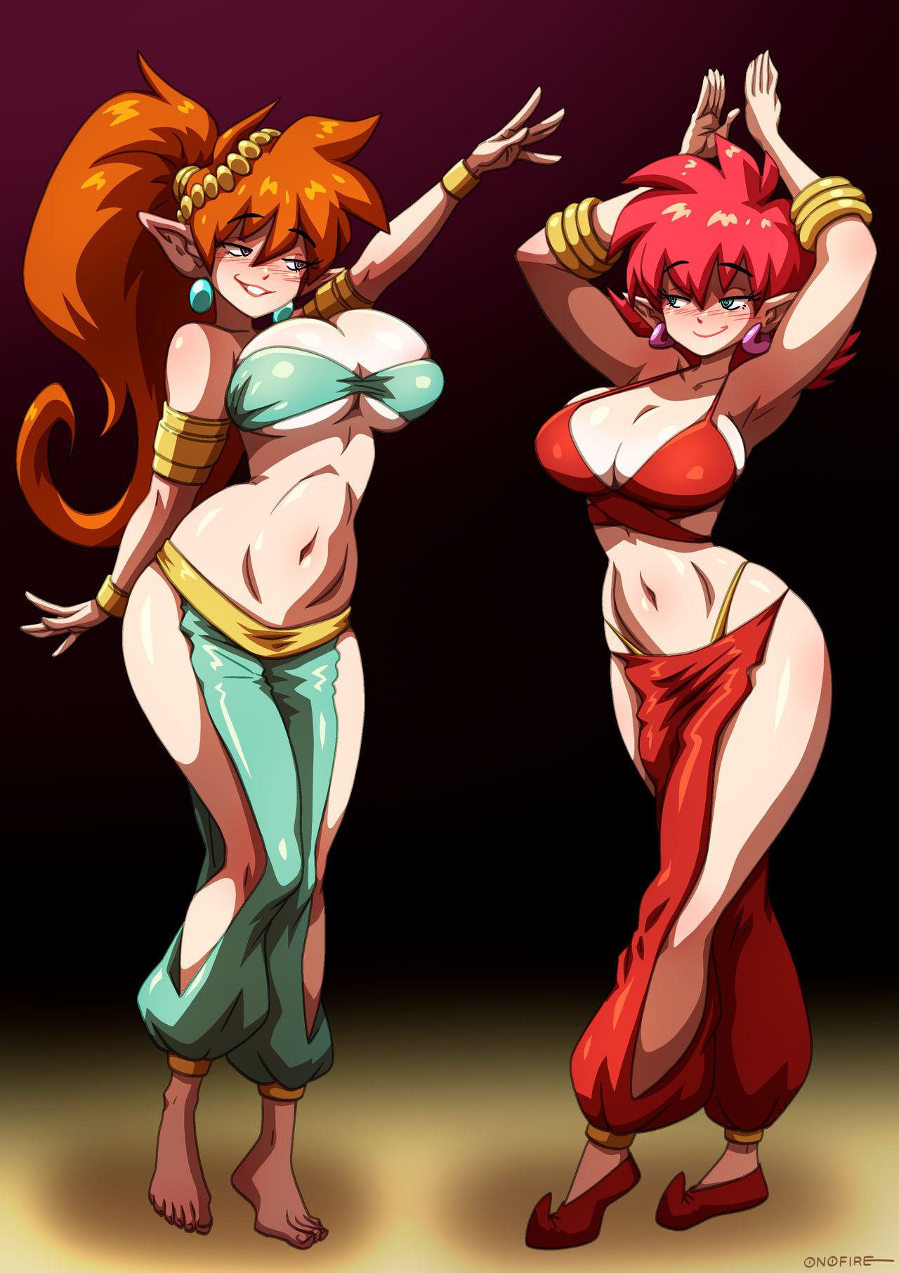 2girls armpits auburn_hair belly_dance belly_dancer belly_dancer_outfit blue_eyes blush cleavage curvy curvy_body curvy_figure curvy_hips dancer dancing deviantart harem harem_girl harem_outfit harem_pants huge_breasts long_hair ono-fire original original_characters ponytail red_hair