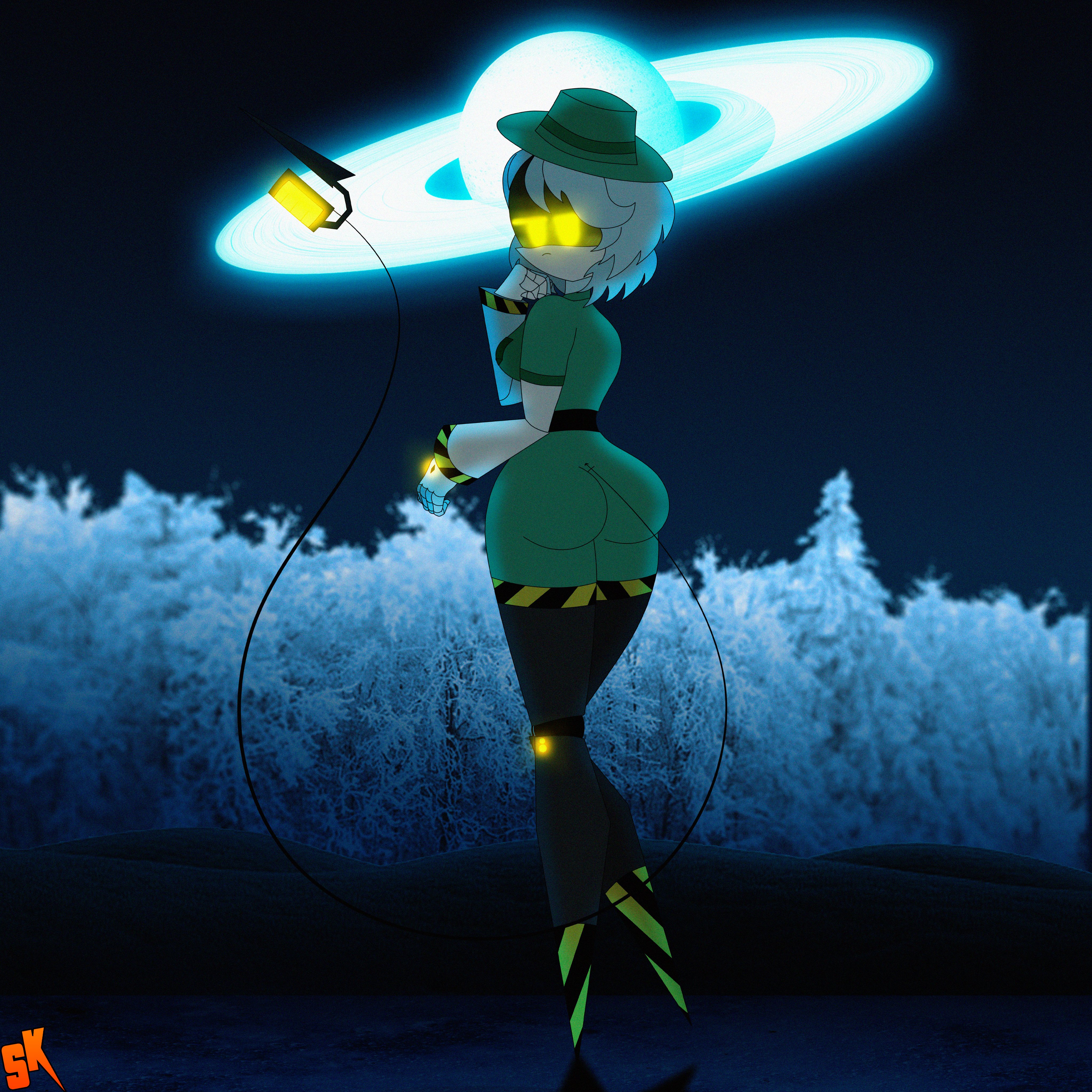 1girls, 2d, ass, ass focus, female, female focus, female only, glitch productions, hand on chin, hourglass figure, looking at viewer, looking back, murder drone, murder drones, nyrezu, robot, robot girl, robot humanoid, robot joints, robotic, robotic arm, robotic arms, robotic leg, robotic legs, robotic limb, short hair, solo, solo female, solo focus, standing, tail, tailed humanoid, v (murder drones), white hair, yellow eyes