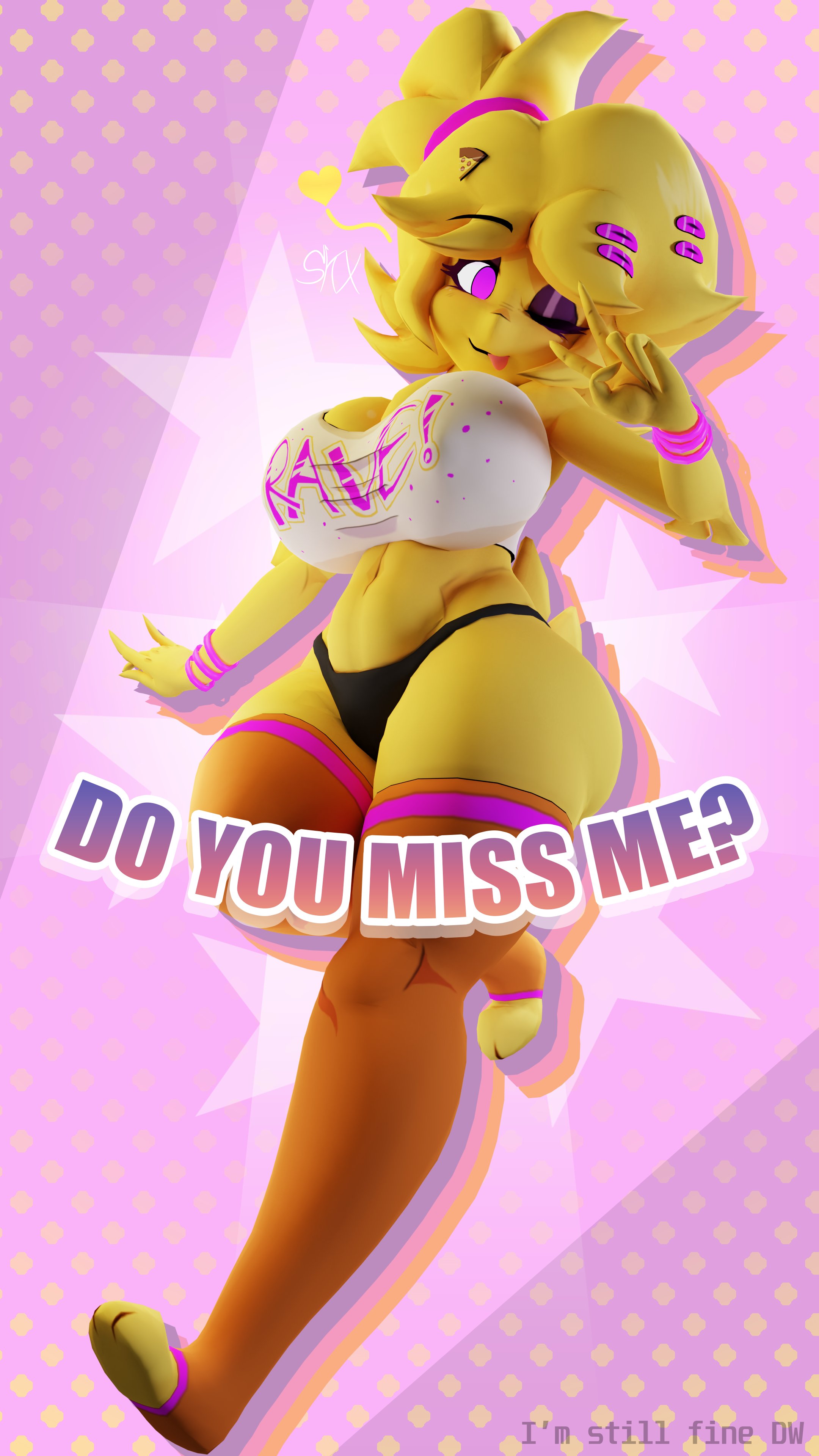 1girls, 3d, 3d (artwork), anthro, big breasts, breasts, cally3d, chica (cally3d), chica (fnaf), chiku, chiku (cryptia), clazzey, cryptiacurves, curvy, fazclaire's nightclub, female, female only, five nights at freddy's, fnaf, fredina's nightclub, furry, hi res, peace sign, scottgames, skxx elliot, solo, thick thighs, thighhighs, voluptuous, wide hips, wink, yellow fur