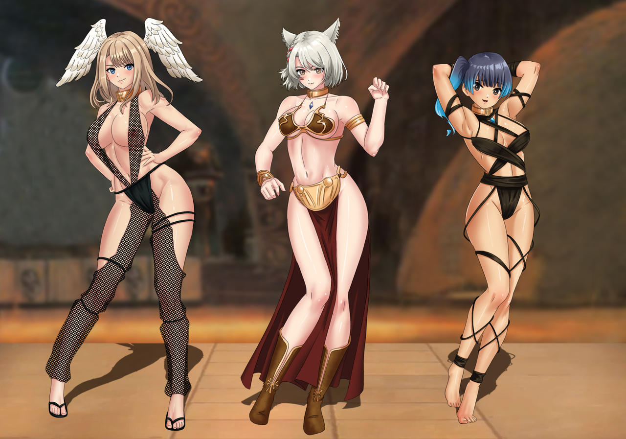 3girls amenoosa belly_dancer belly_dancer_outfit black_hair blonde_hair blue_hair cat_ears catgirl core_crystal cosplay crossover_cosplay dancer dancer_outfit eunie_(xenoblade) fishnets harem harem_girl harem_outfit large_breasts loincloth long_hair mio_(xenoblade) multicolored_hair oola_(cosplay) sena_(xenoblade) silver_hair skimpy slave slave_bikini slave_collar slave_leia_(cosplay) slave_outfit slavegirl star_wars wing_ears xenoblade_(series) xenoblade_chronicles_3